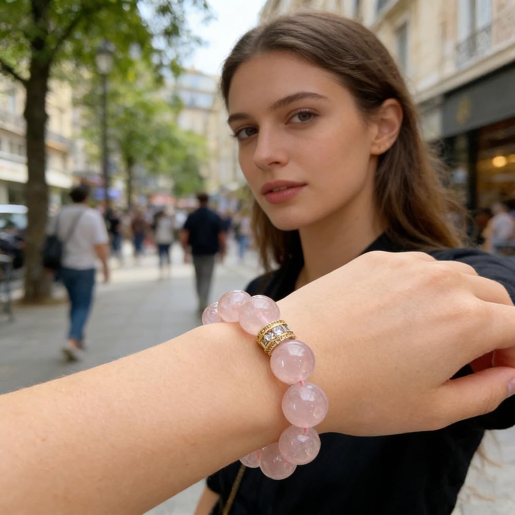 Bracciale in Cristallo di Quarzo Rosa da 14 mm con Gioielli in Pietra Rosa Naturale in Lega con Perline per Amor Proprio ed energia positiva, Accessorio Moda Elastico Elasticizzato