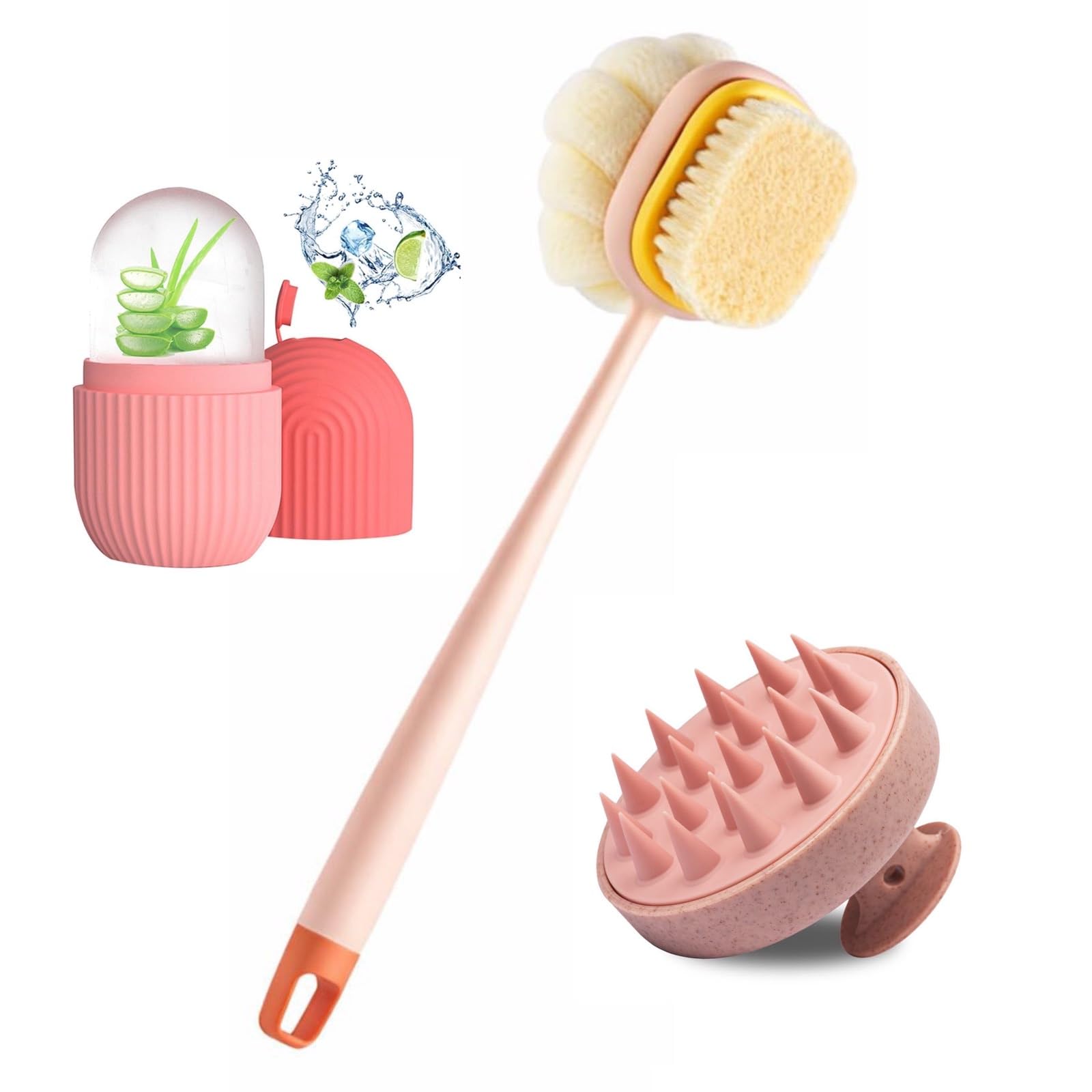 2-in-1 Bath & Self Care Kit with Ice Roller, Long Handle Body Bath Brush & Silicone Scalp Massager | Soft Bristle Loofah Back Scrubber, Facial Ice Roller for Skin Cooling & Head Massage Brush | Deep Cleansing, Exfoliating & Spa Set for Men & Women (PACK OF 3)-picture-24