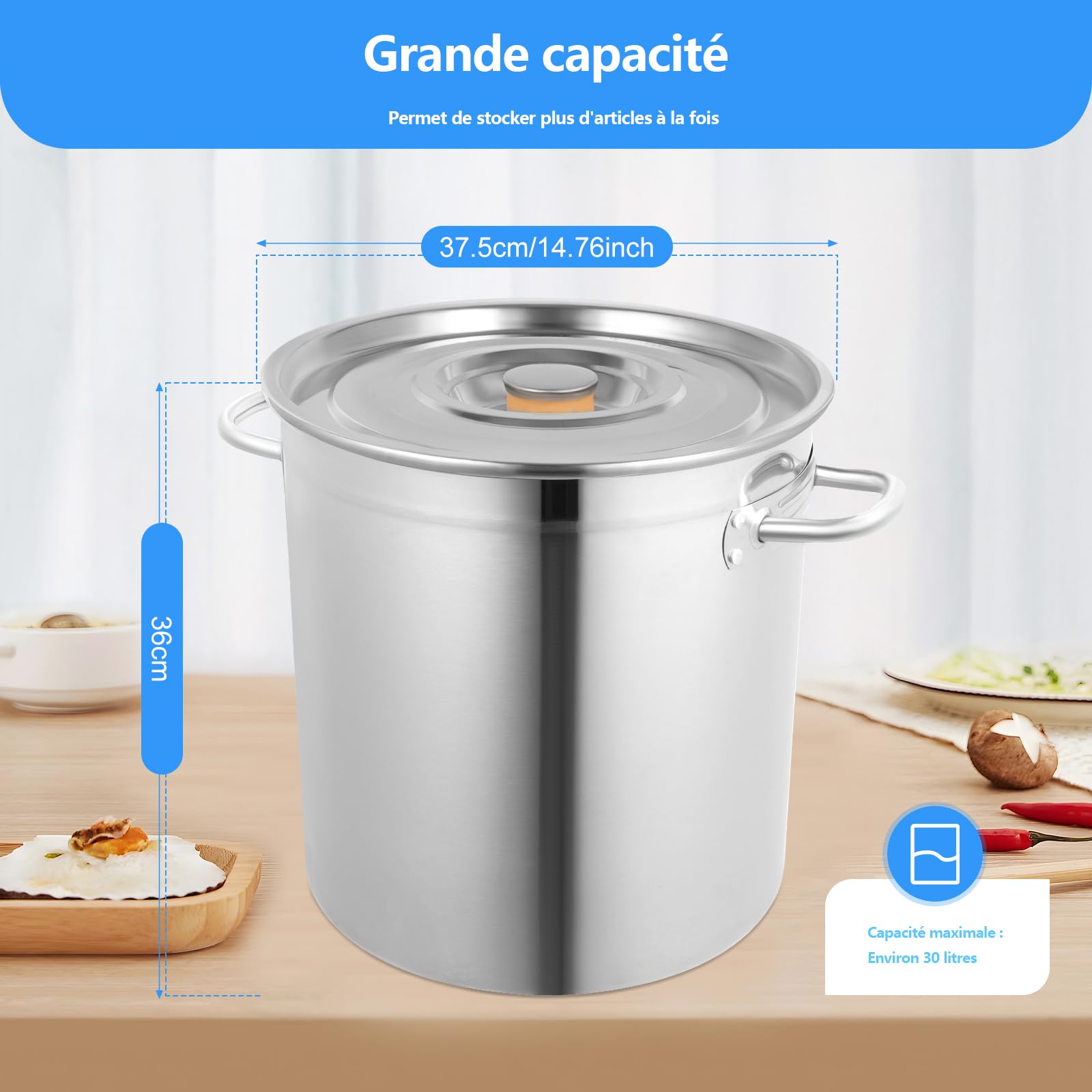 Marmite en acier inoxydable de 35 l - Faitout 35 l - Grande casserole avec fond épais - Fond plat - Couvercle rainuré antidérapant - 35 cm x 36 cm - Grande casserole - Polissage fin