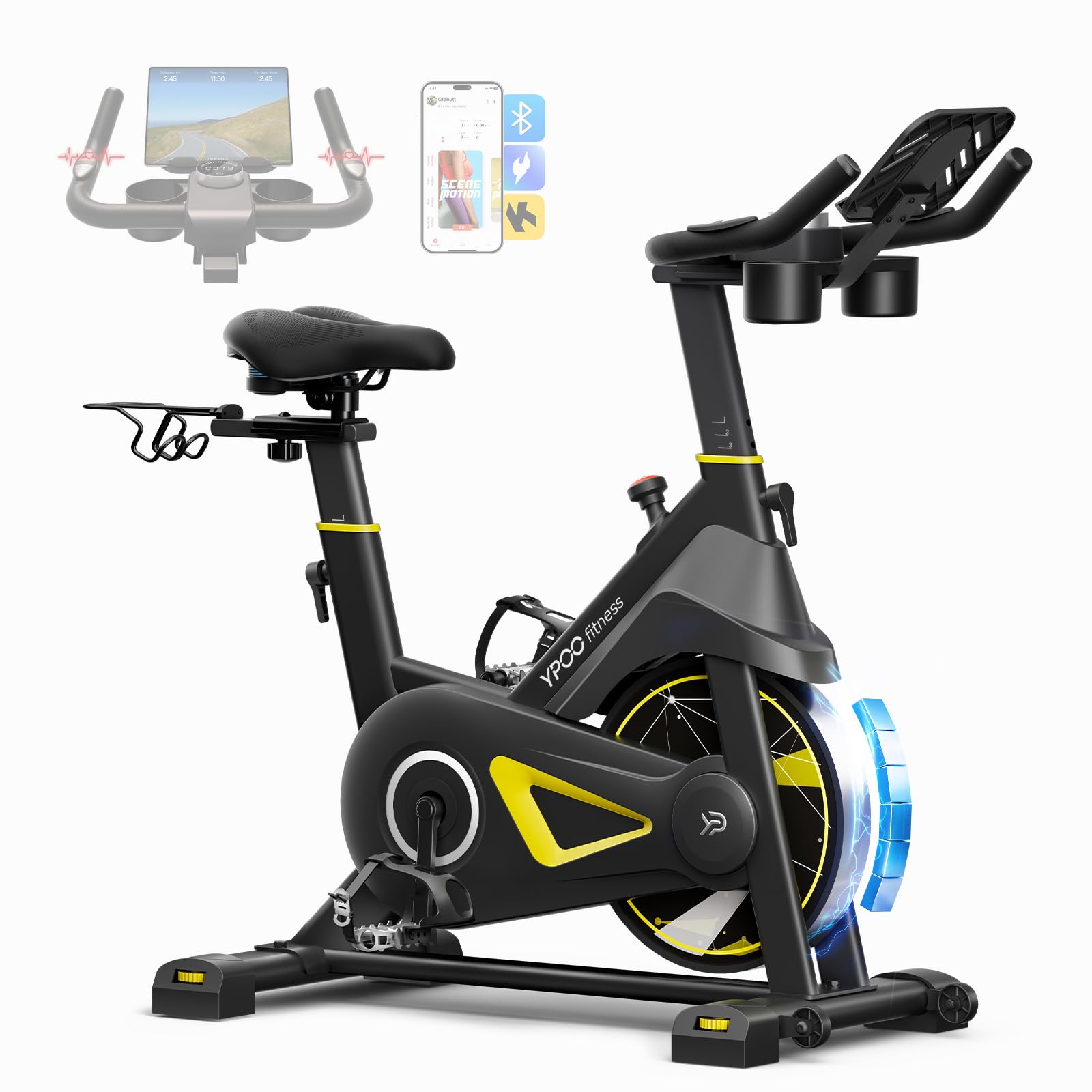 YPOO Cyclette da Casa, Resistenza Magnetica Regolabile, Sella Comoda, Supporto Tablet e Corsi Fitness, Bici Indoor per Allenamento Cardio a Casa, Cyclette Pieghevole, Grande Capacità di Carico