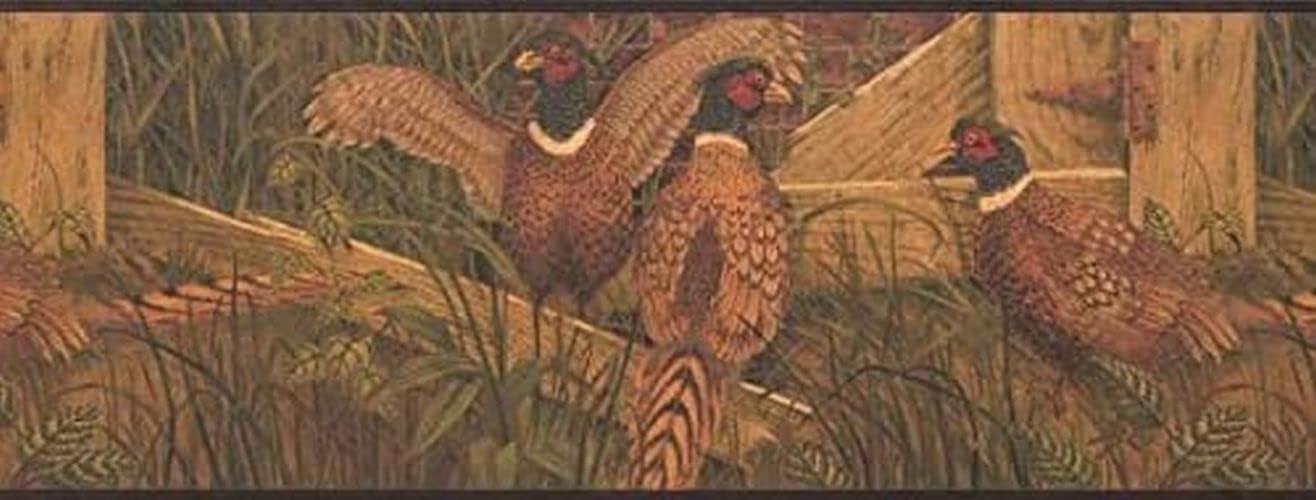 CONCORD WALLCOVERINGS ™ Wallpaper Border Animal Pattern Pheasants Yard Grass for Cottage Farmhouse, Brown Green Black Red White, 9 Inches by 15 Feet OA8103B