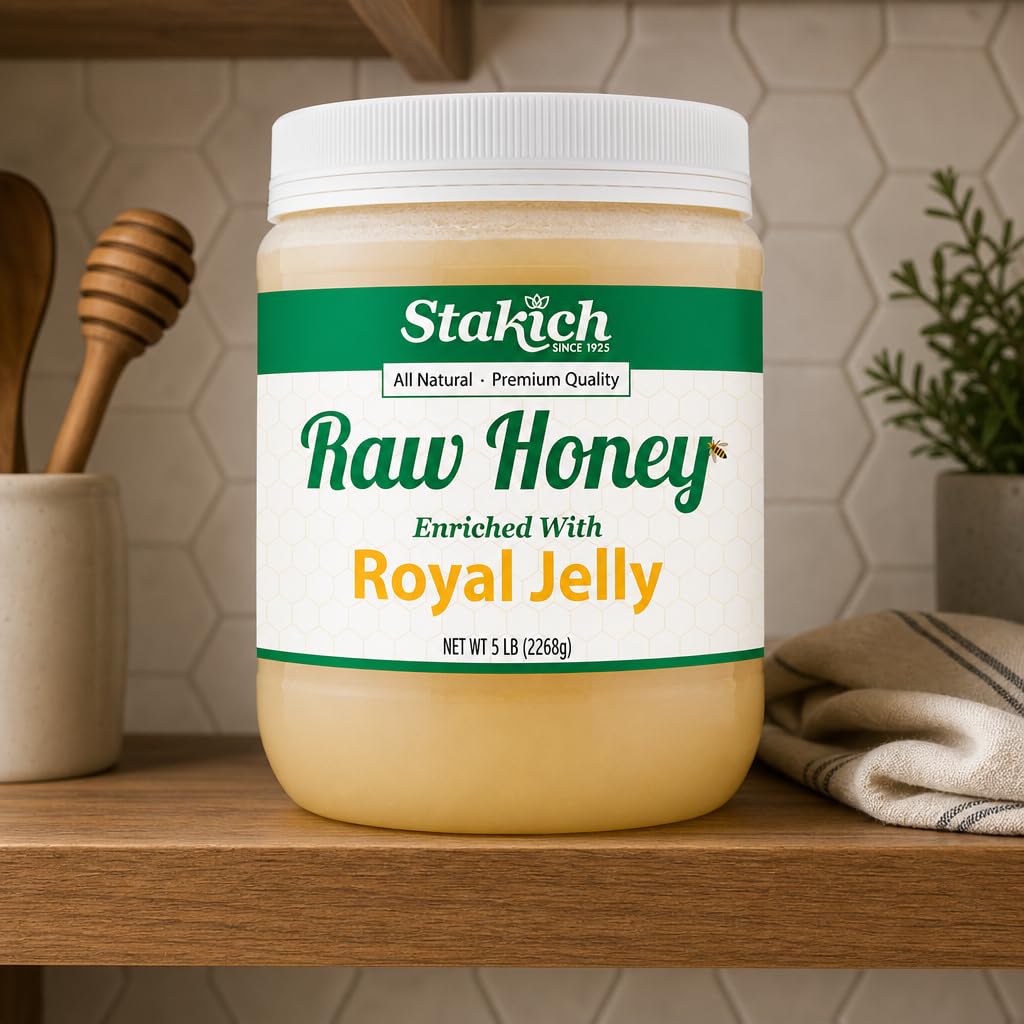 Stakich Royal Jelly Enriched Raw Honey - Pure, Unprocessed, Unheated - 5 Pound (80 Ounce) image 5