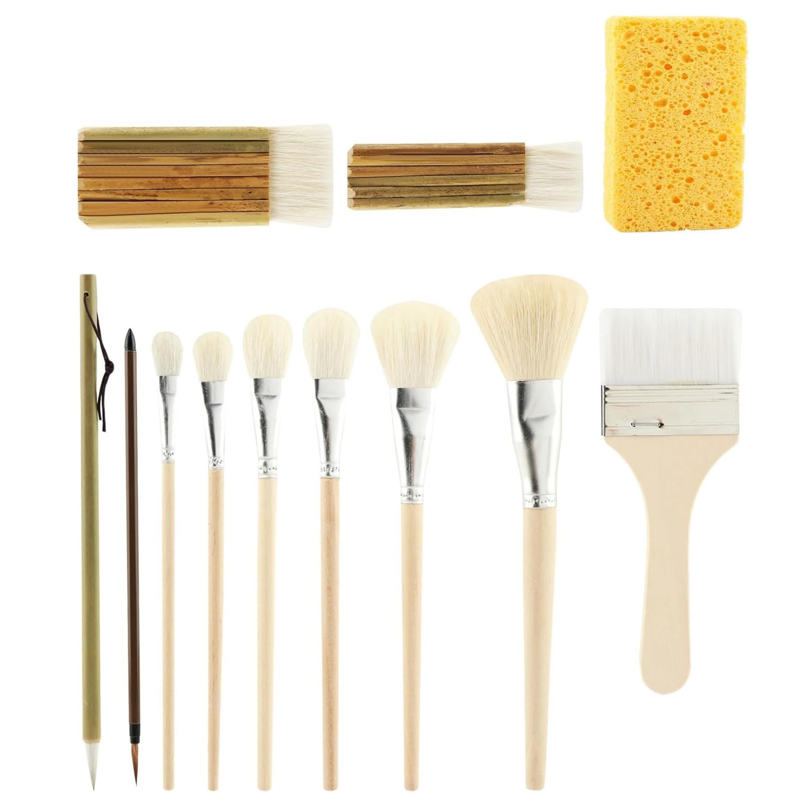 Pennelli in ceramica in capra per smaltatura ceramica, set pennelli da 12 con forme assortite, manici in legno, pennelli in ceramica in spugna visibile Assortimento