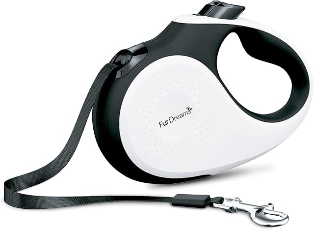 FurDreams Retractable Dog Lead  Heavy-Duty Extendable (5 Metre) Leash | Anti-Slip Handle with Lock Control | Strong Tangle-Free Nylon Tape & Collar Hook | Perfect for Puppy Training (White, Small)