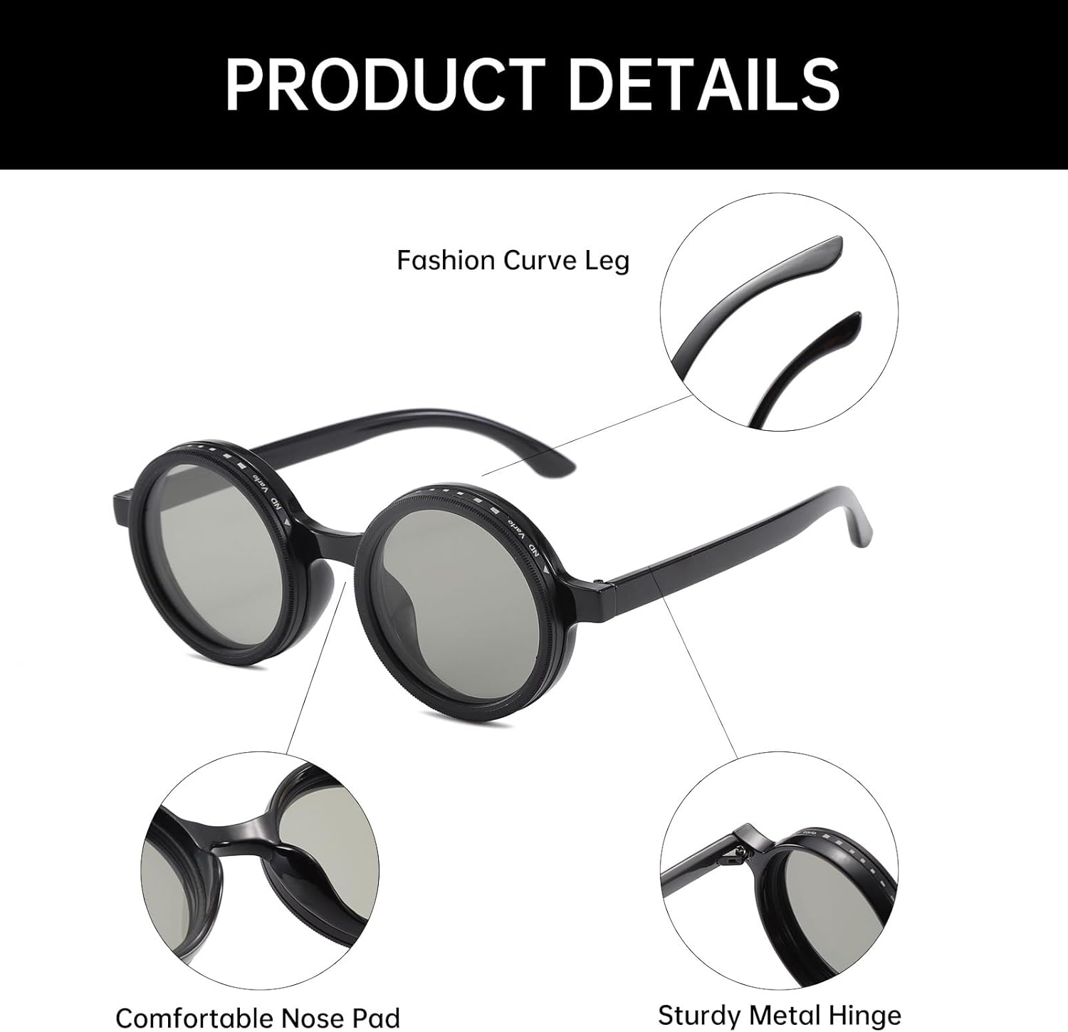 YAMEIZE Polarized Round Adjustable Tint Sunglasses - for Men Women Classic UV400 Protection Eyewear Driving Outdoor Black Grey image 6 of 8 B0F7HC5CTP