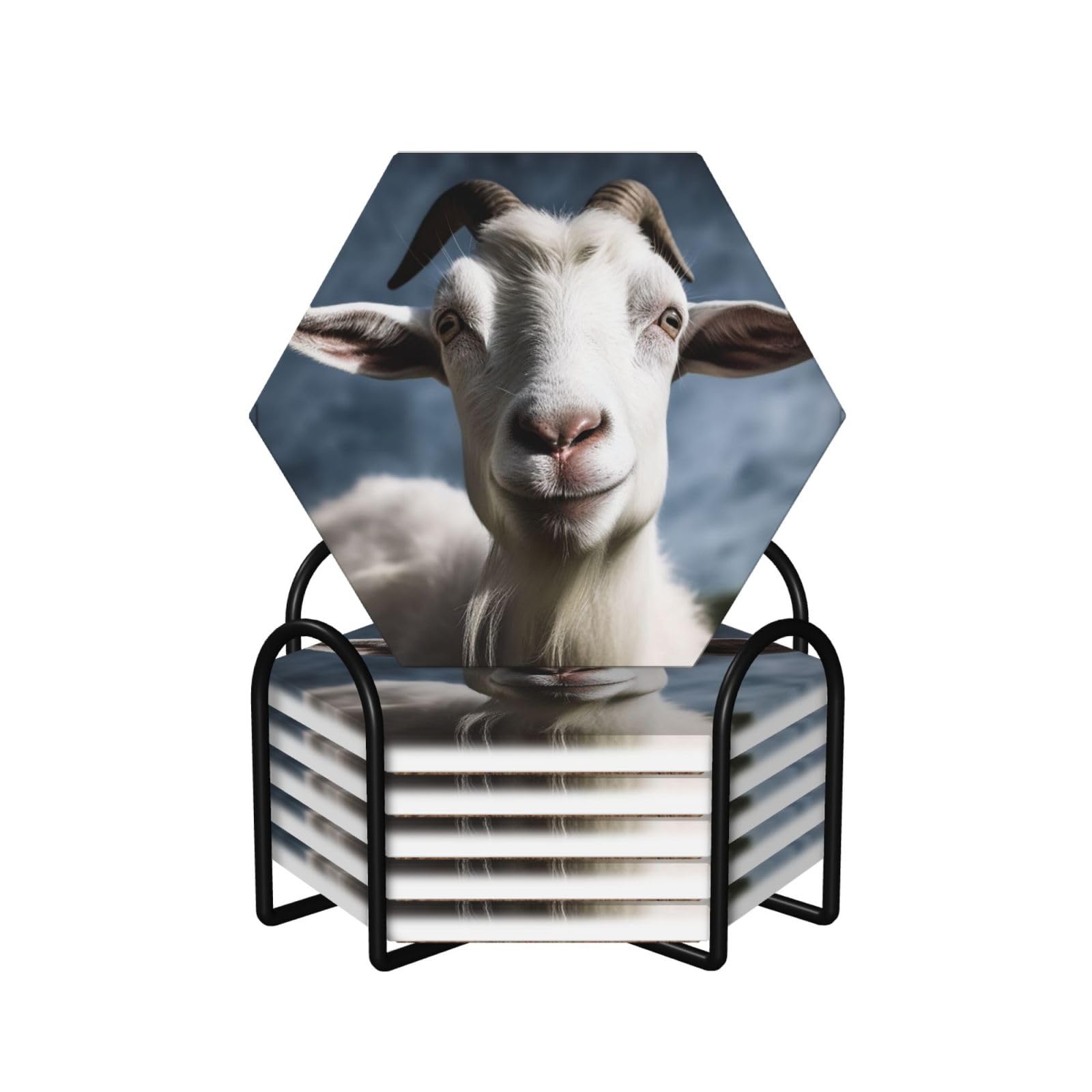 6Pcs Ceramics Coaster for Drinks, Goat Cup Coasters with Holder, Aesthetic Drink Coasters for Coffee Table, Absorbent Round Coaster for Tabletop Protection 4" Cup Mat Pad