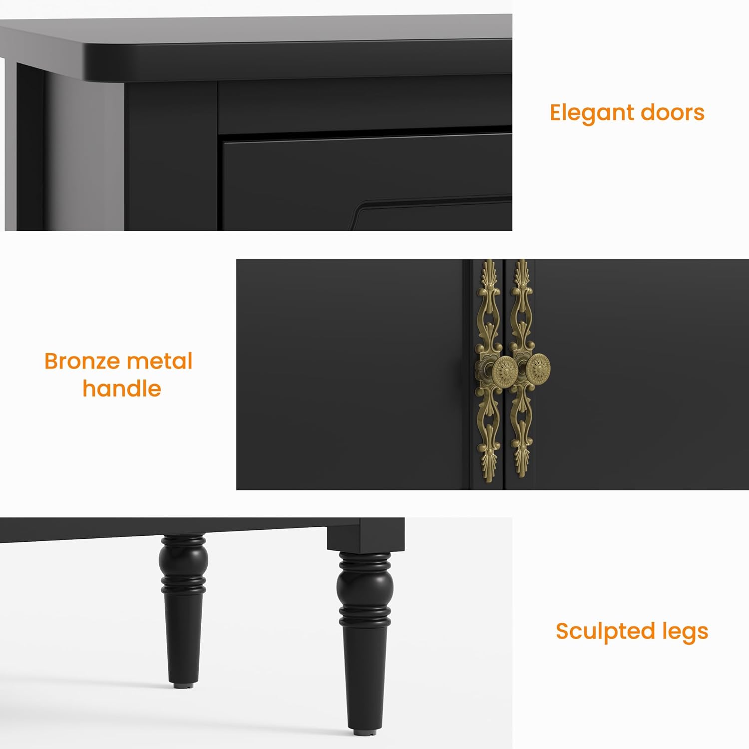 RoyalCraft Buffet Cabinet with 2 Doors & 3 Drawers, Vintage Sideboard with Storage, Painted Coffee Bar Table with Solid Wood Legs, Ideal for Entryway, Living Room, Dining Room, Black
