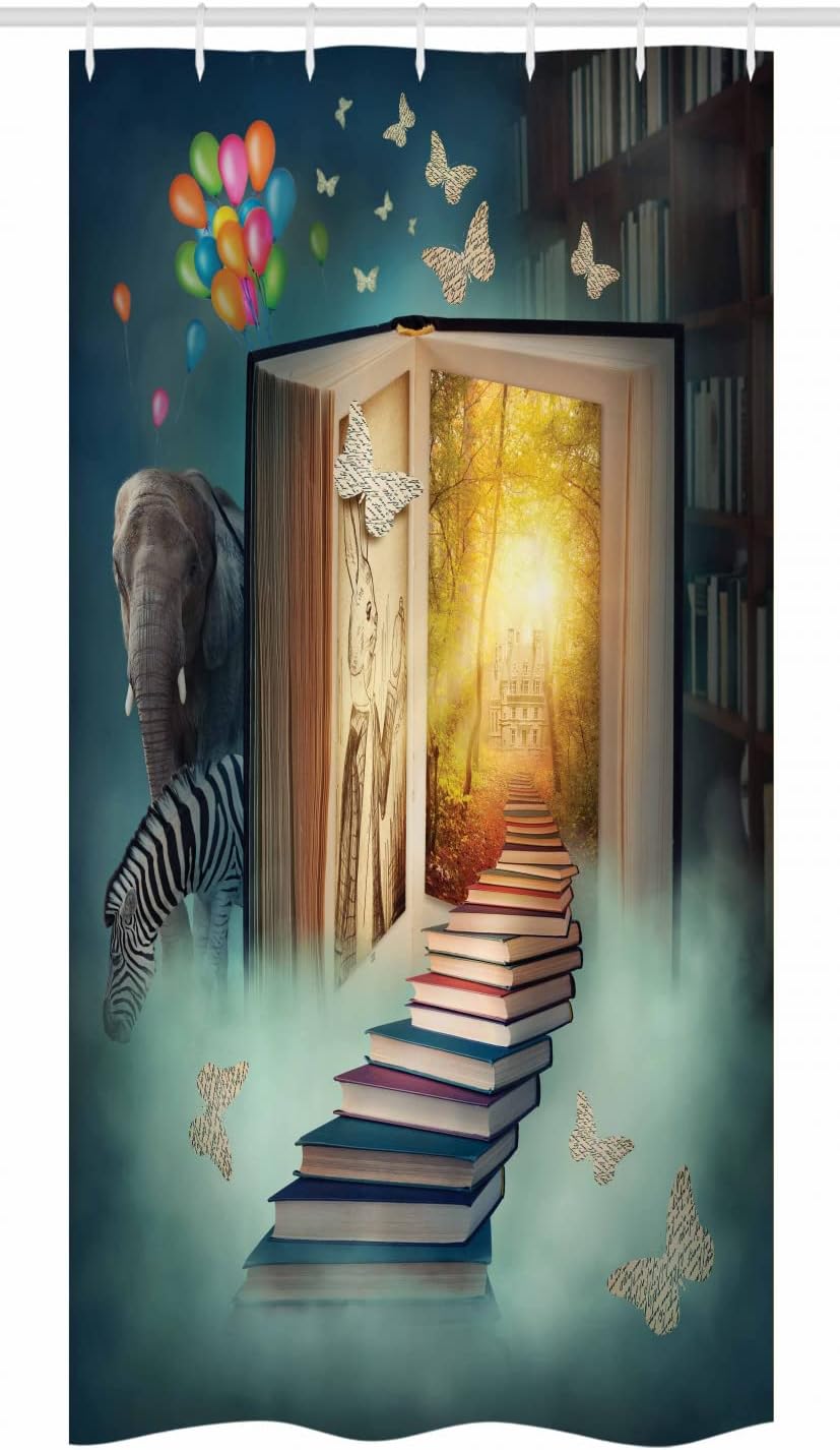 Ambesonne Fantasy Stall Shower Curtain, Upstairs to Magic Book Forest Balloon Zebra Animal Butterflies, Fabric Bathroom Decor Set with Hooks, 36" W x 72" L, Teal and Yellow