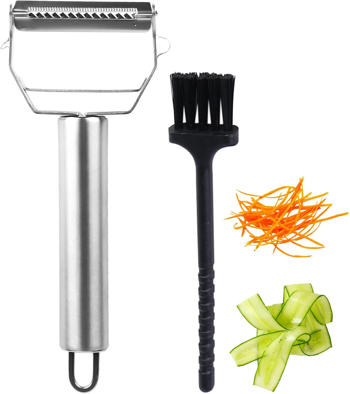 Pelador de acero inoxidable, pelador de verduras de doble filo, pelador con cepillo, mango ergonómico, pelador de frutas, pelador para verduras, frutas, patatas, zanahorias, apto para lavavajillas