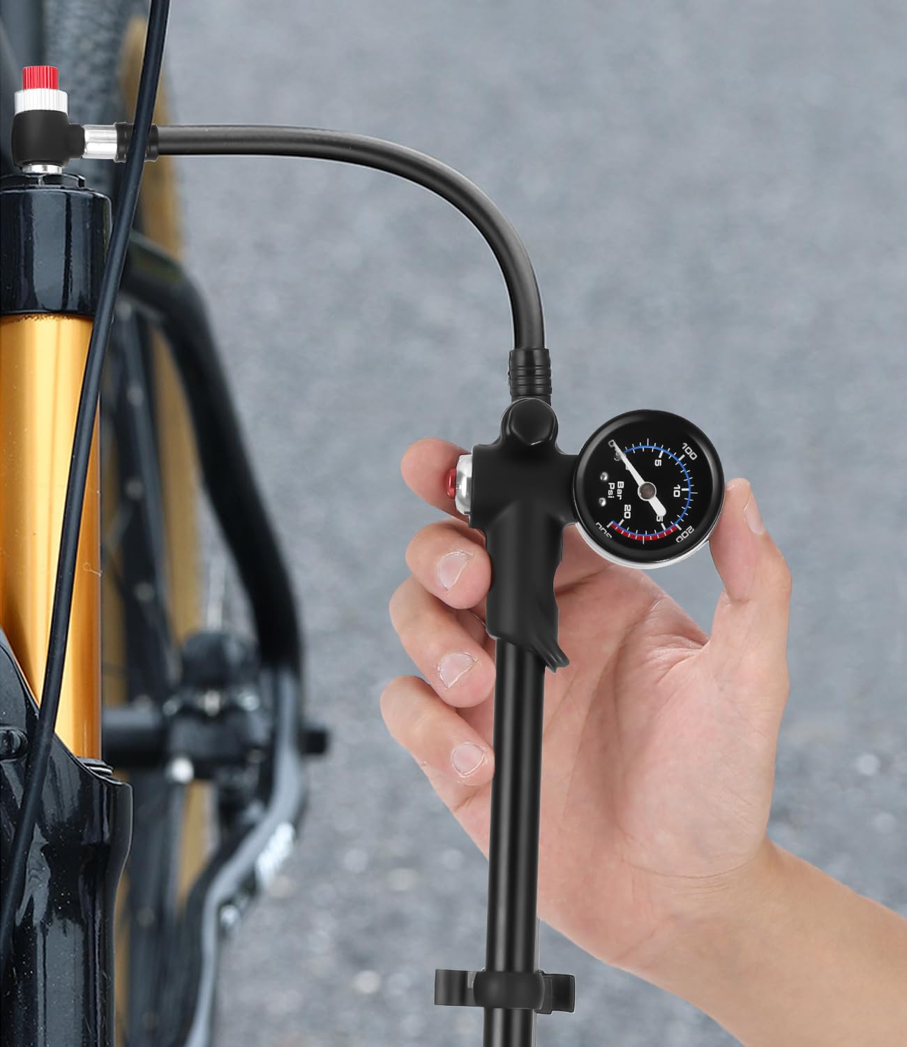 Wysokociśnieniowa pompa amortyzatorów (maks. 300 PSI), pompka rowerowa z manometrem i przyciskiem odpowietrzania, Widelec/tylne zawieszenie 2 w 1 i pompki do opon do roweru MTB, roweru szosowego