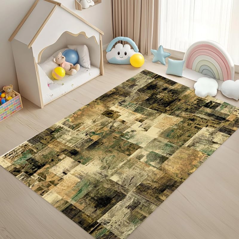 Tapis de sol antidérapant style patchwork abstrait aux finitions rustiques rétro