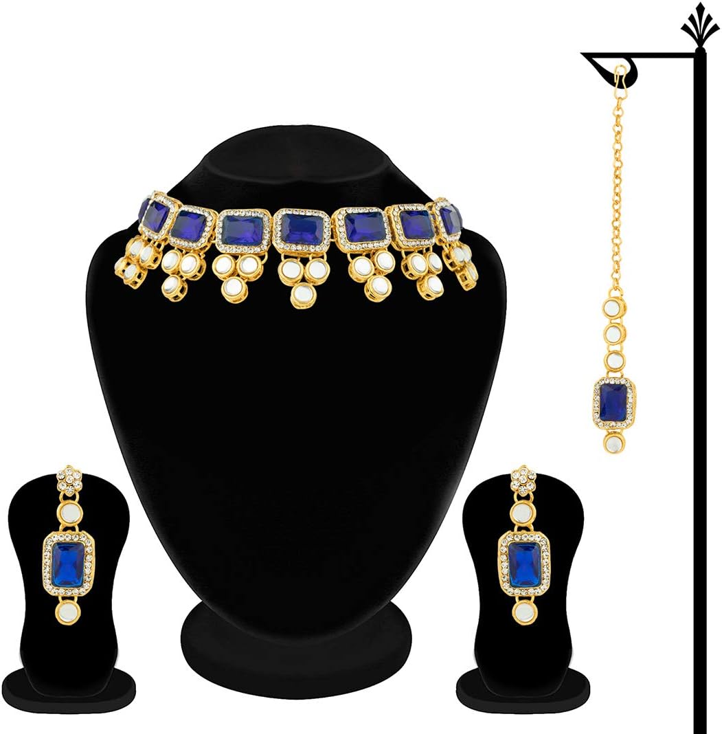 Aheli Ethnic Faux Kundan Necklace Earrings Maang Tikka Indian Bollywood Jewellery Set Gift for Women