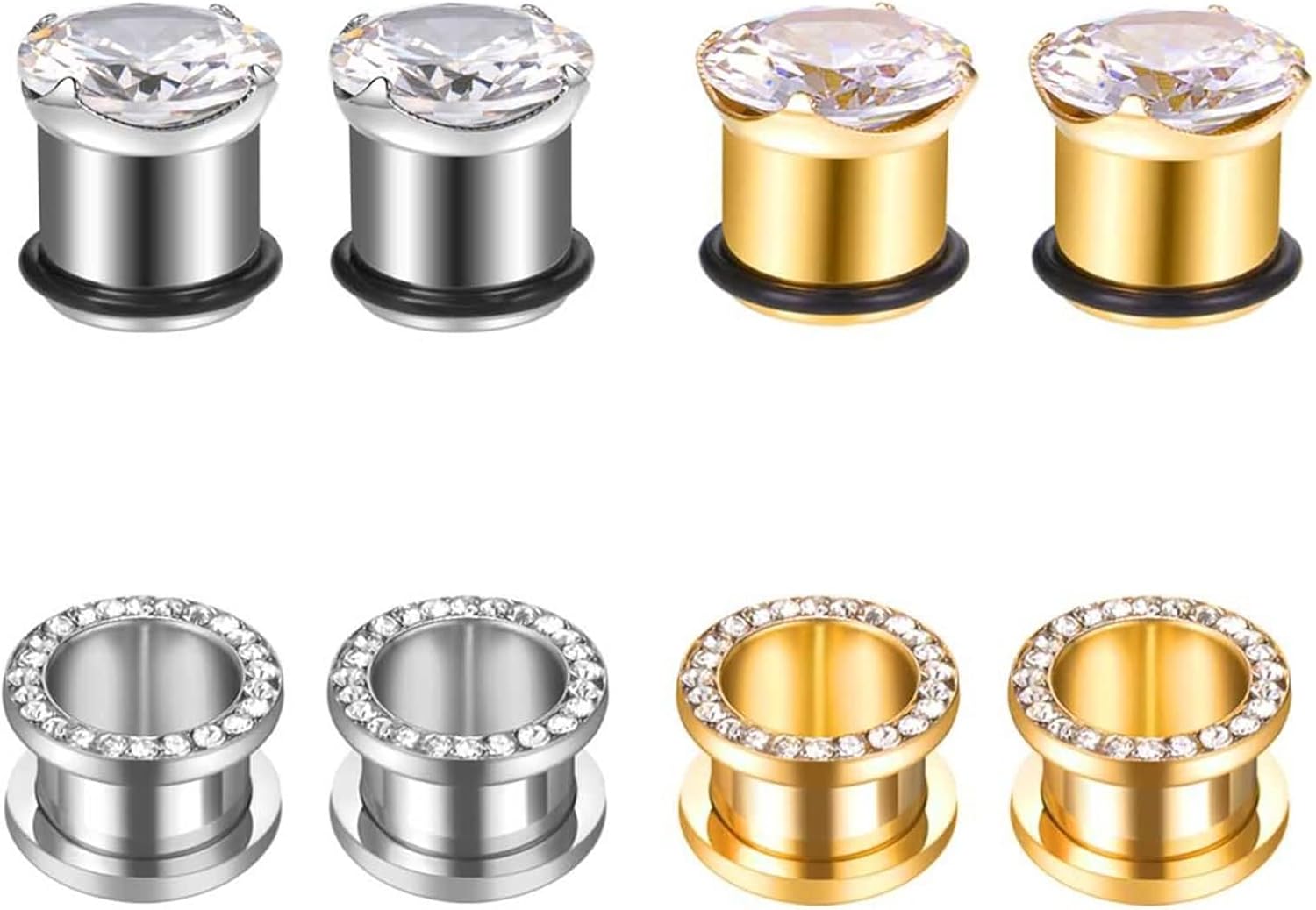 Daesar 8PCS Ear Plugs, Ear Gauges 00G 10mm Silver Gold Hoop with Cubic Zirconia Stainless Steel Ear Plugs Tunnels Piercing Jewelry