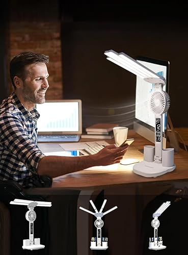 Miniatura 5 de Lámpara de escritorio LED con luz de estudio de ventilador con reloj, lámpara de mesa plegable ajustable con soporte para bolígrafo, 3 niveles de