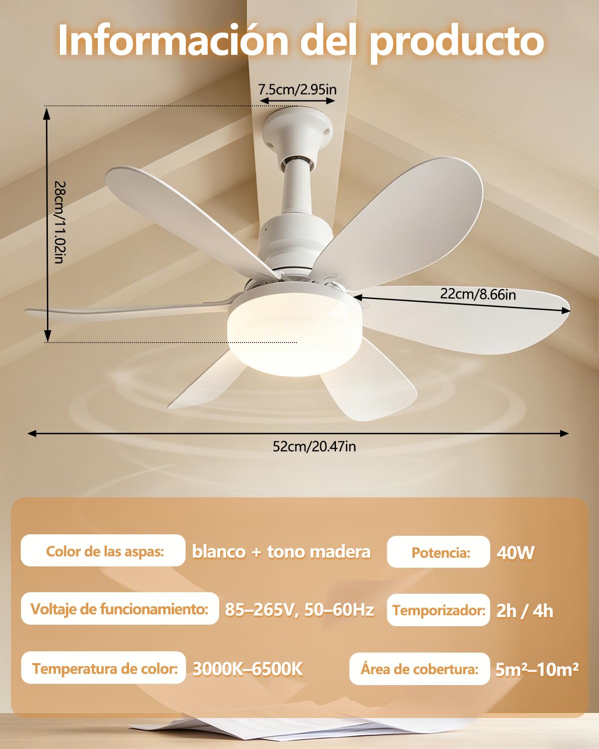 52CM Ventilador de Techo con Luz, Pequeño Lampara Ventilador Techo, 2 Juegos de Aspas, 40W LED Regulable, Silencioso, E27, 3 Velocidades, Abanico para Interior Exteriores Dormitorio Sal