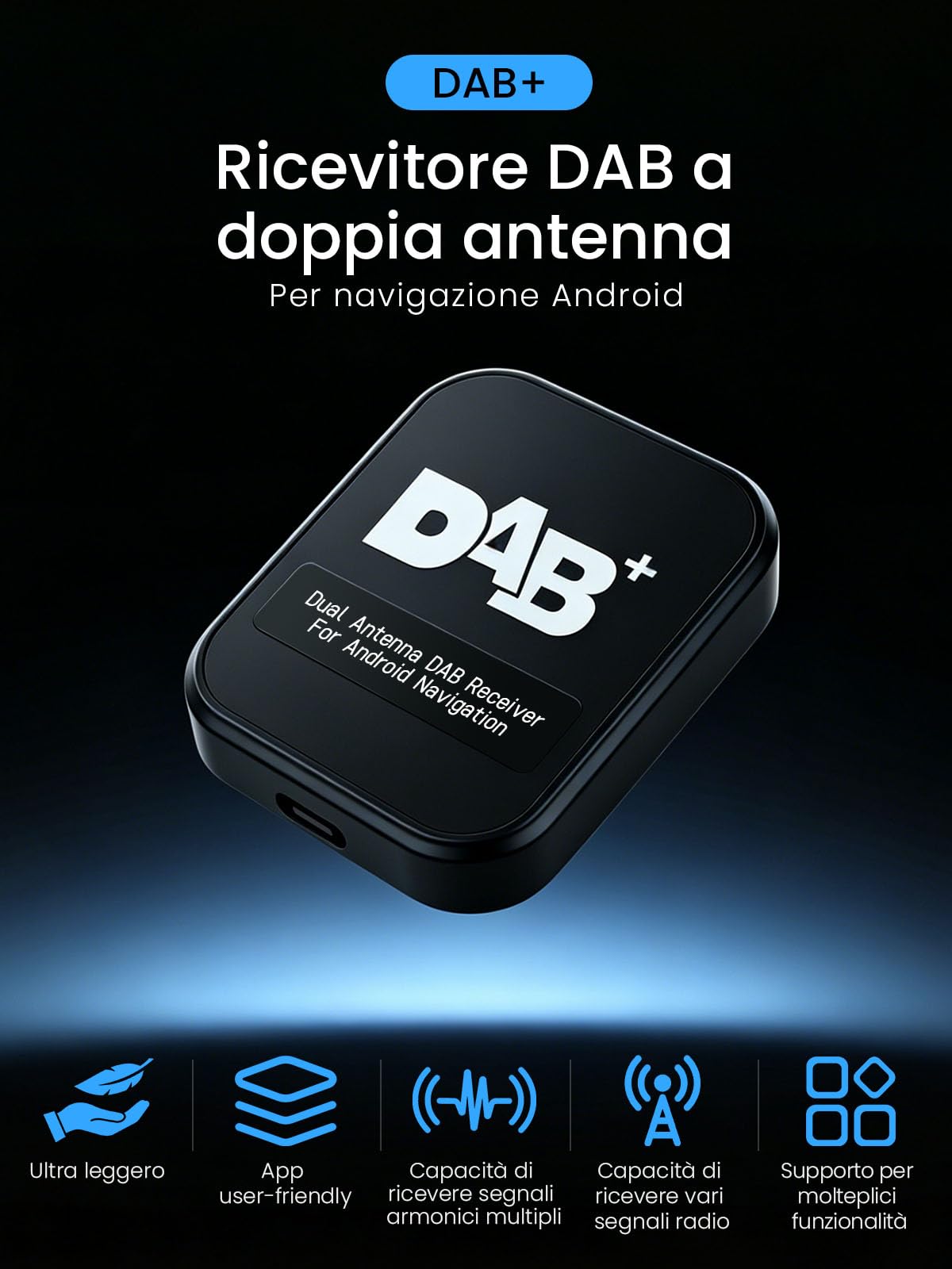 Adattatore Ricevitore DAB+ per Autoradio con Antenna, per Android 5.1+, Sintonizzatore Antenna Radio Digitale con Trasmissione FM, USB (solo per paesi con segnale DAB)