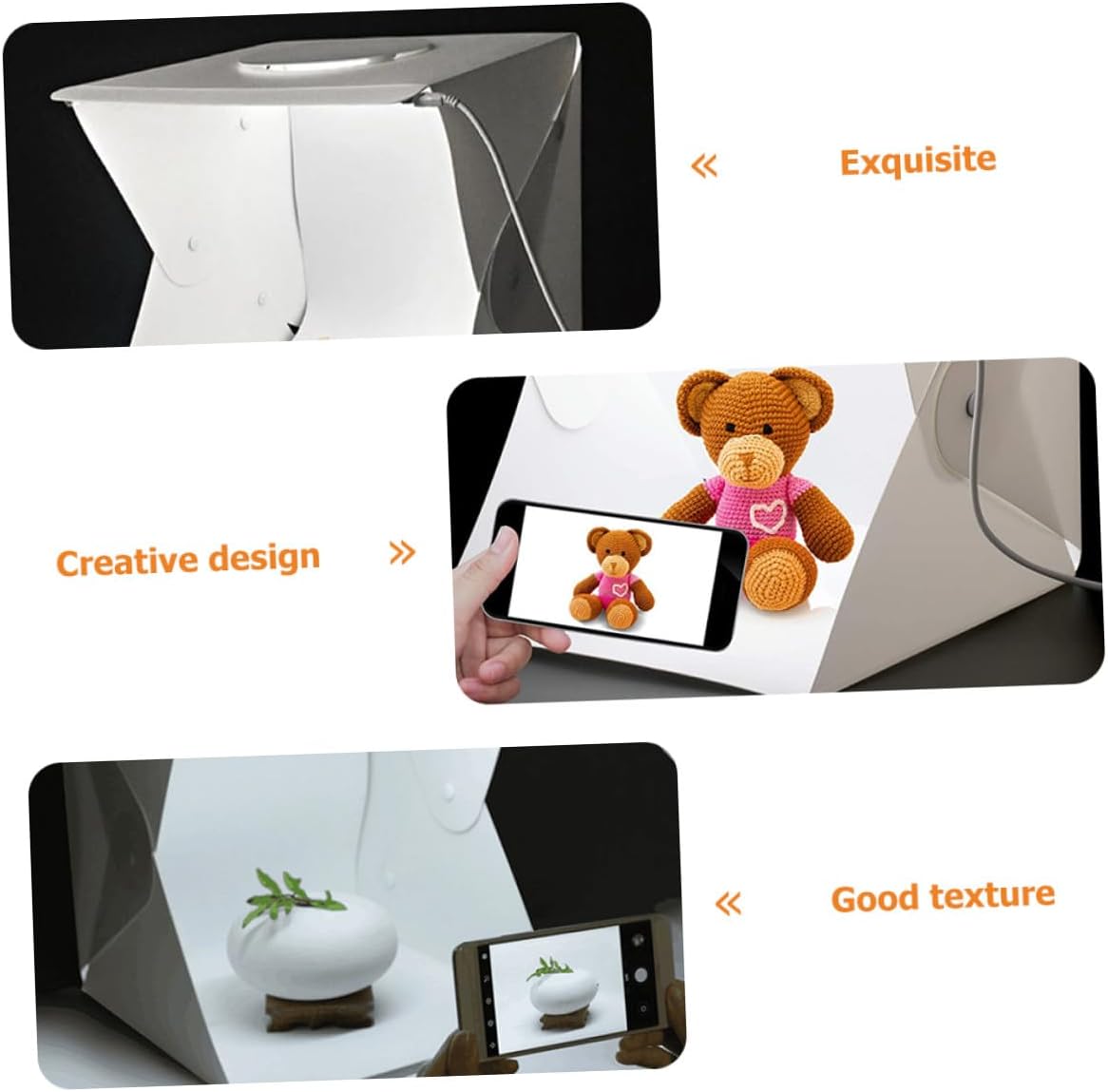 Portable Photography Light Box Tent Kit 30cm Mini LED Soft Light Box with 2 LED Strips and Dual Black White Backdrops for Product Photography