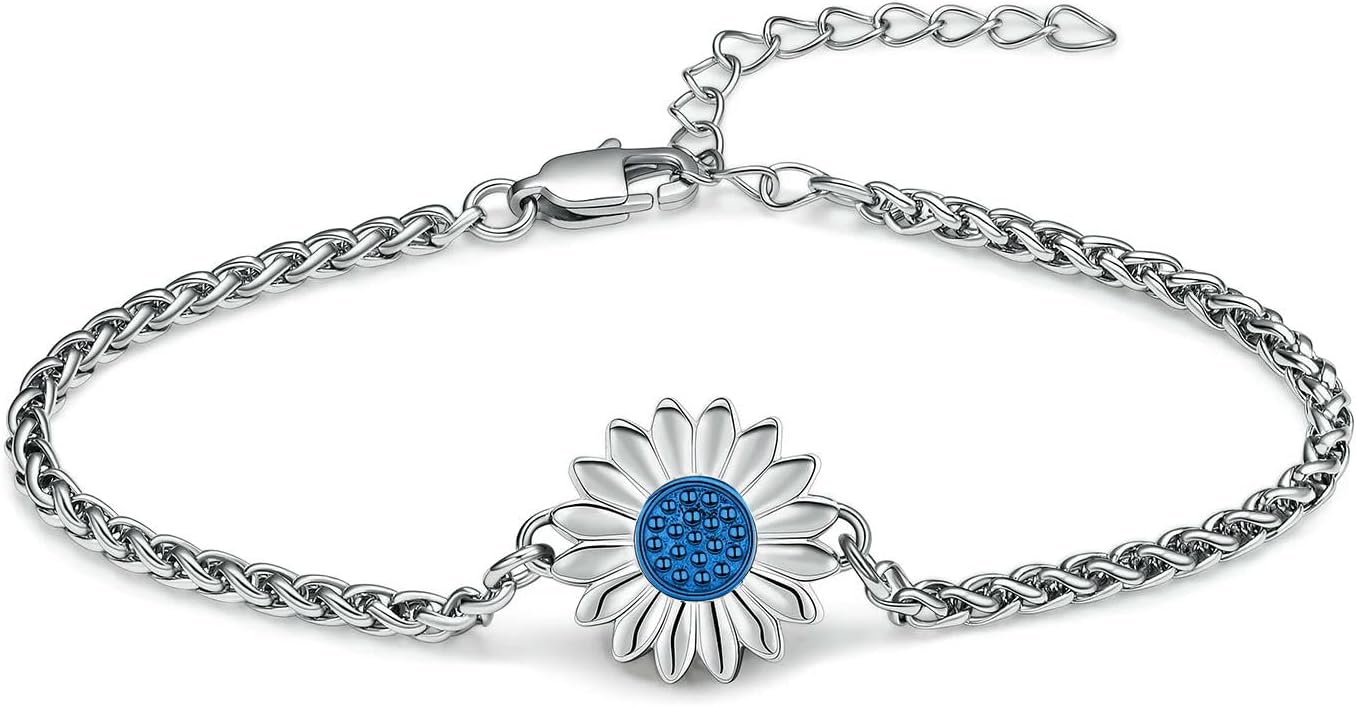 Sunflower Cremation Urn Bracelet for Ashes for Women Girl Adjustable Link Chain Bangle Memorial Jewelry Human Pet Keepsake Gift-Silver-Blue