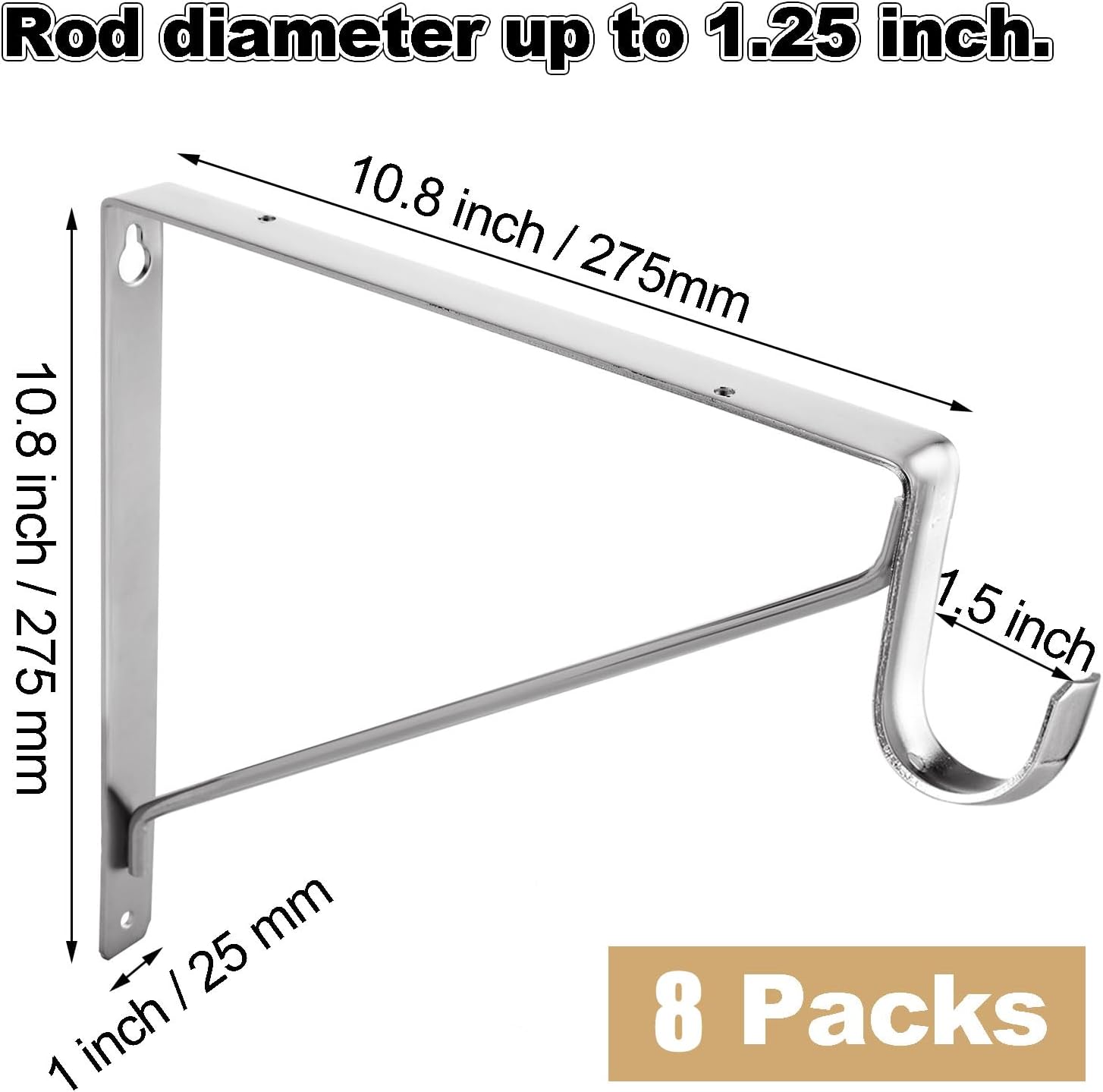 8 Pack Heavy Duty Closet Rod Brackets Holder 11 x 11 x 1 Inch, Electroplated Silver Closet Rod Support Bracket Steel Closet Rod Holders, Wall Mounted Shelf and Rod Support Bracket