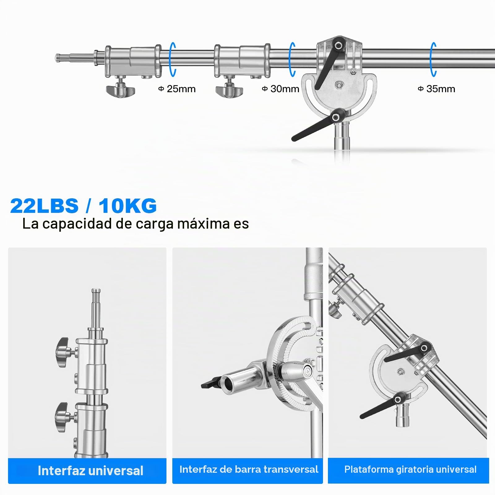 Soonpho Brazo Transversal de Acero Inoxidable Pesado para C Stand,Brazo de extensión 3.6ft a 8.2ft Boom Stand Arm,Conector Universal con Sacos de Arena para Estudio de luz única softbox reflectores