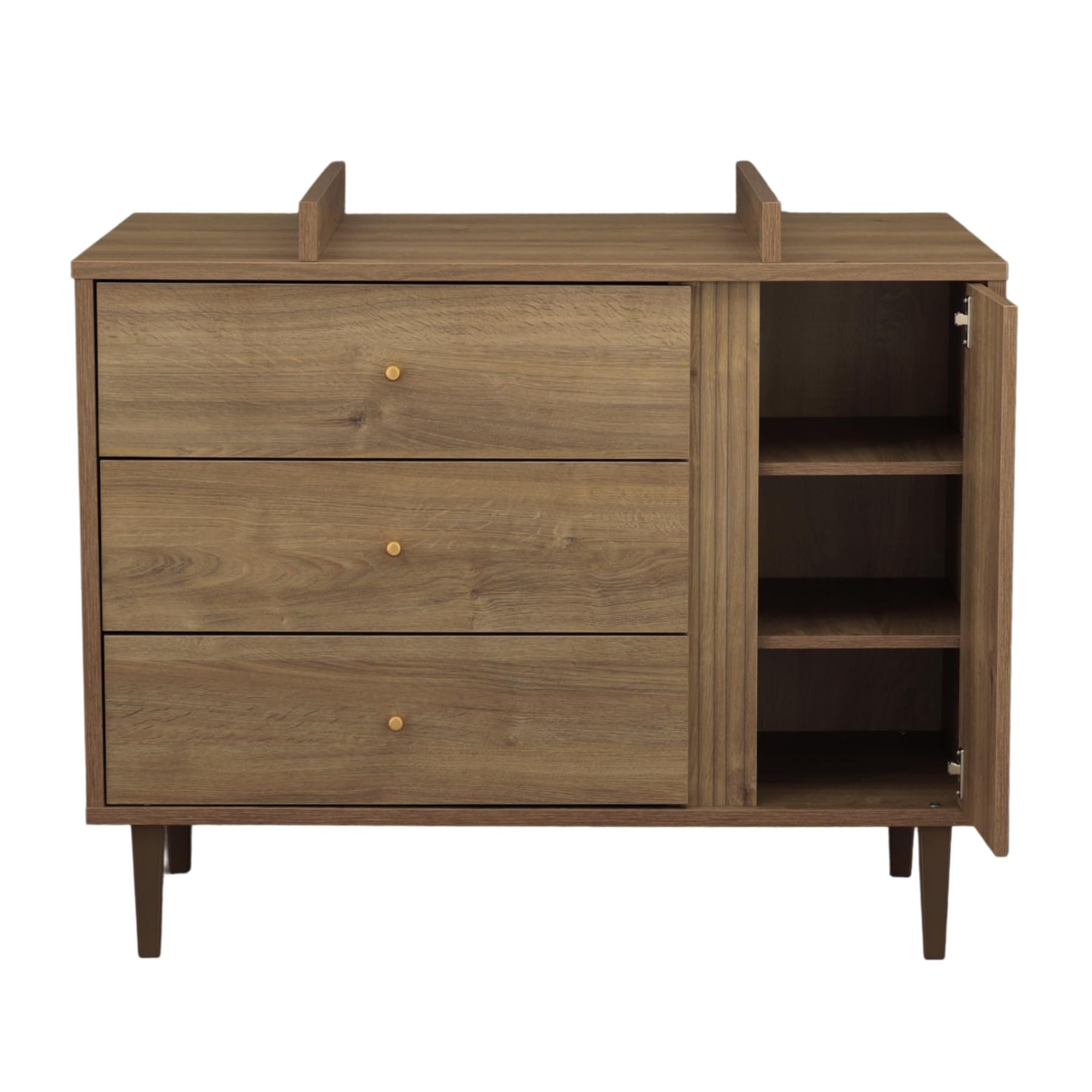 Sauthon Commode 3 tiroirs et 1 Porte avec détail Imitation Bois texturé et Pieds Bois