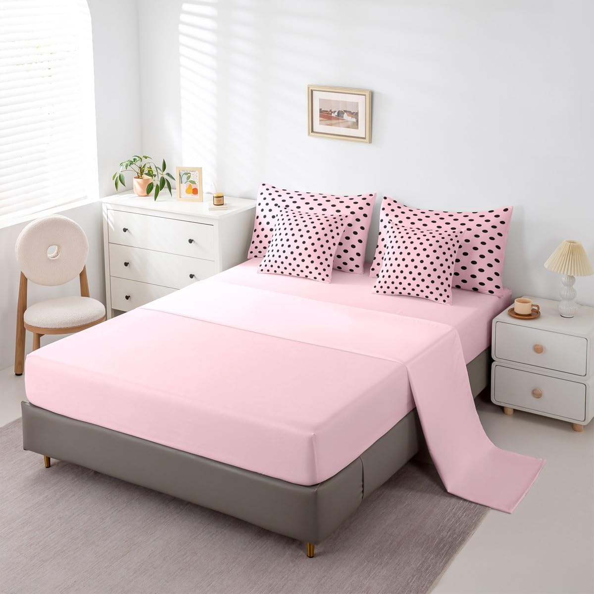 Erosebridal Pink Black Polka Dot Queen Comforter Set for Women Girl Teens | Black Spotty Patterned Bed in a Bag Simple Modern 7-Piece Bedding Set Geometric Abstract Quilt Duvet Sets