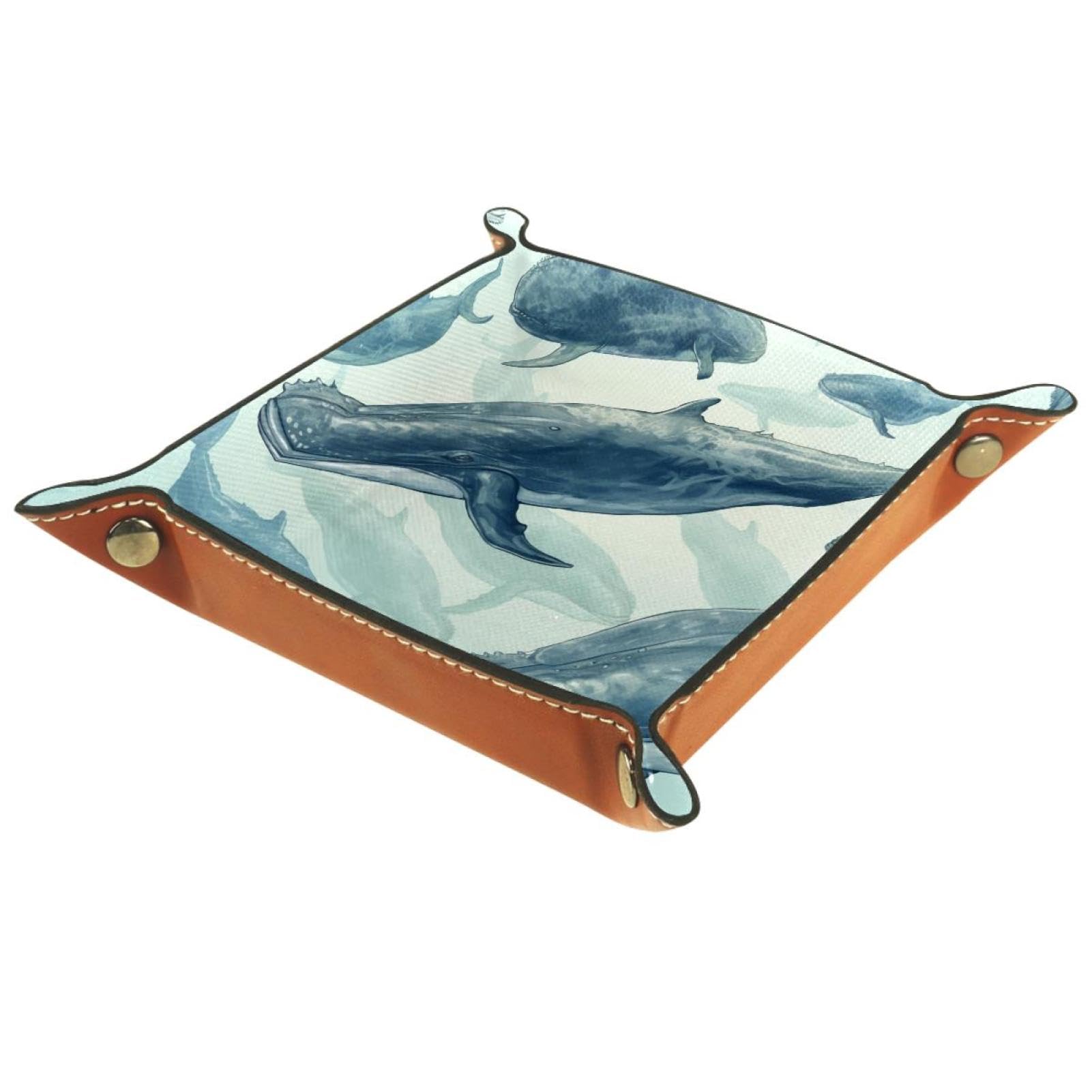 Blue Ocean Whales Folding Rolling Thick PU Brown Leather Valet Catchall Organizer Table Small Jewelry Candy Key Trays Storage Box Decor Entryway Tray, 20.5x20.5cm, snh-001