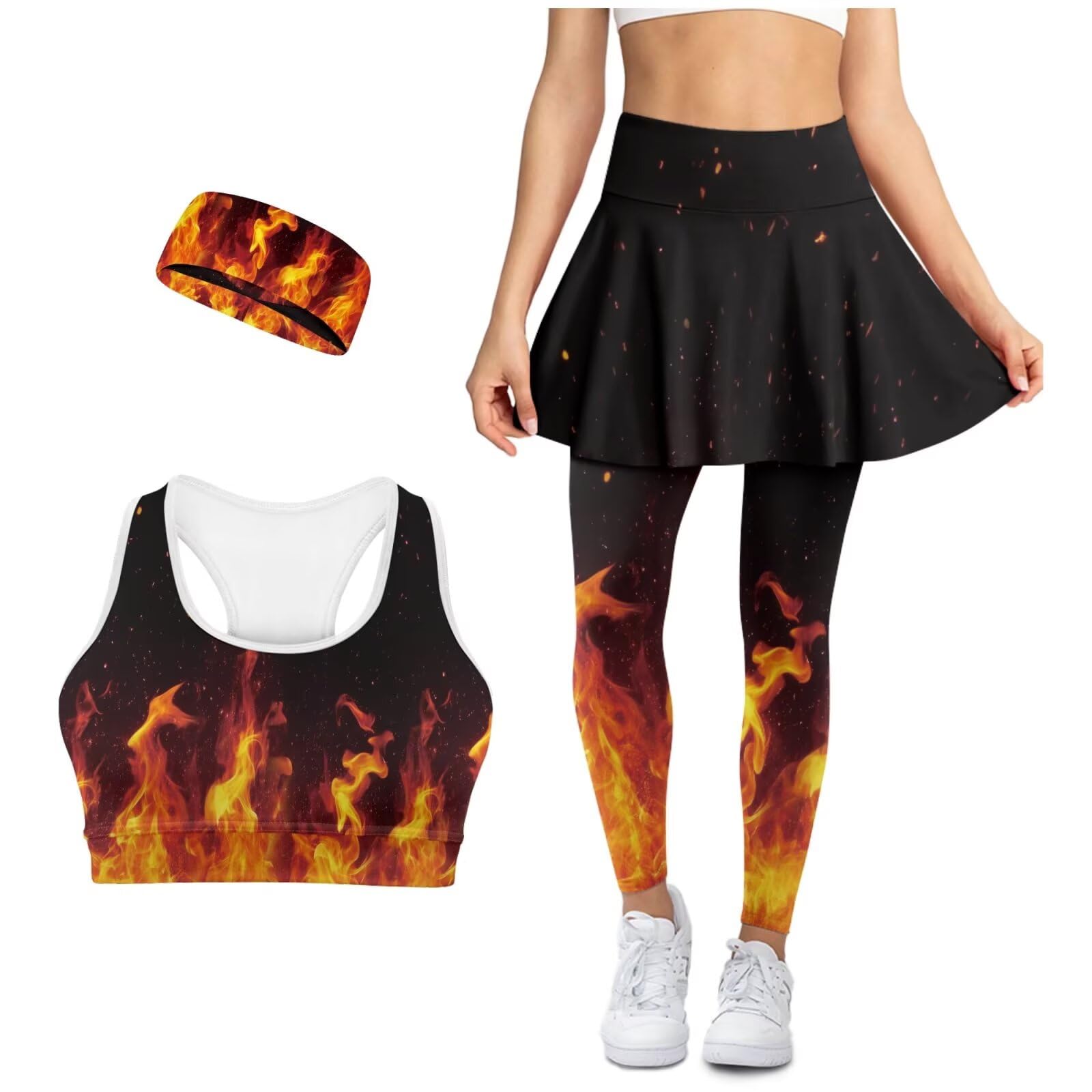 Workout Sets for Women Exercise Gym Yoga Outfit High Waist Skirts with Leggings Sports Bras with Pockets