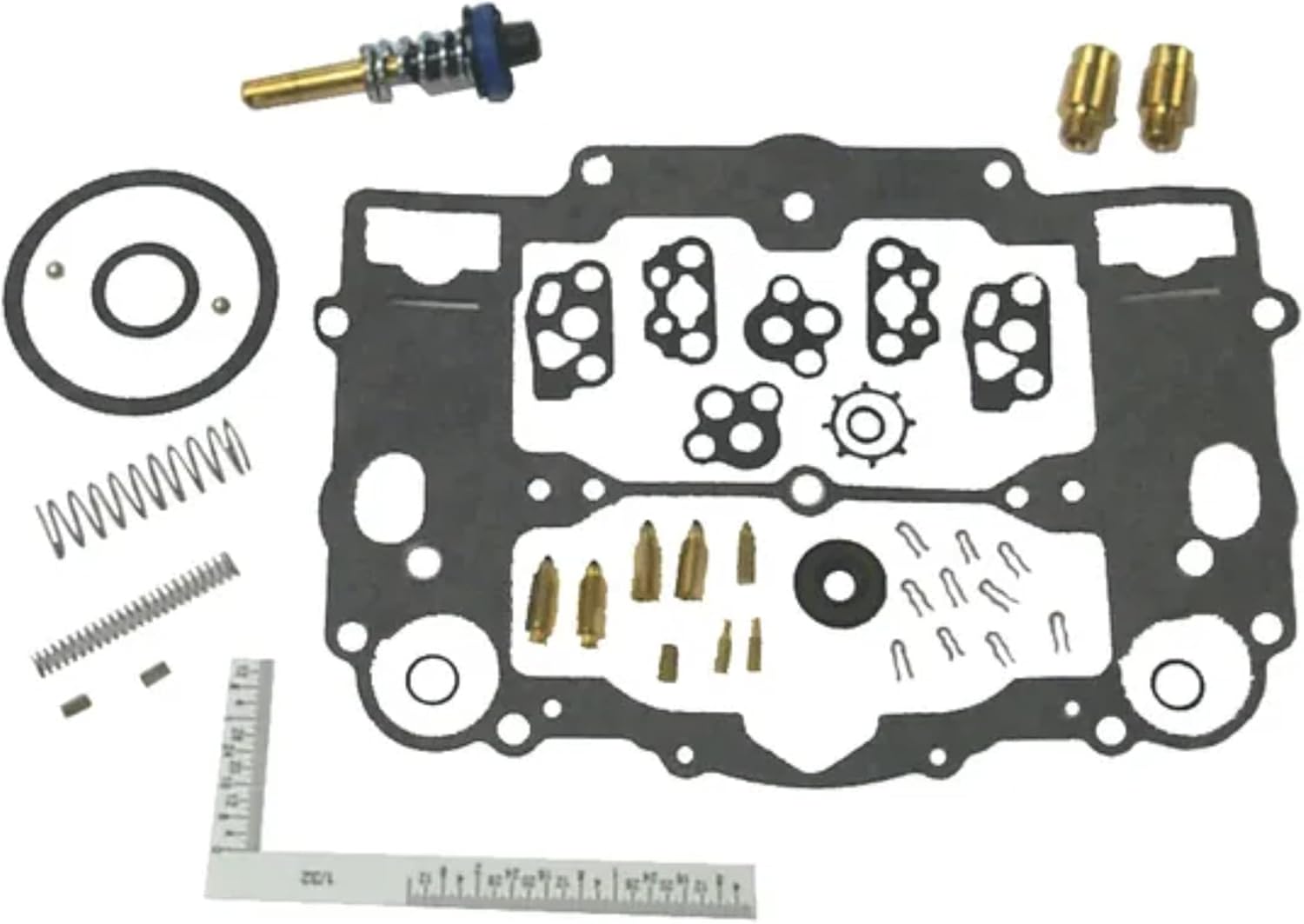 Contents of the Sierra International 18-7748 Carburetor Kit, including various gaskets, jets, springs, and a needle valve assembly.