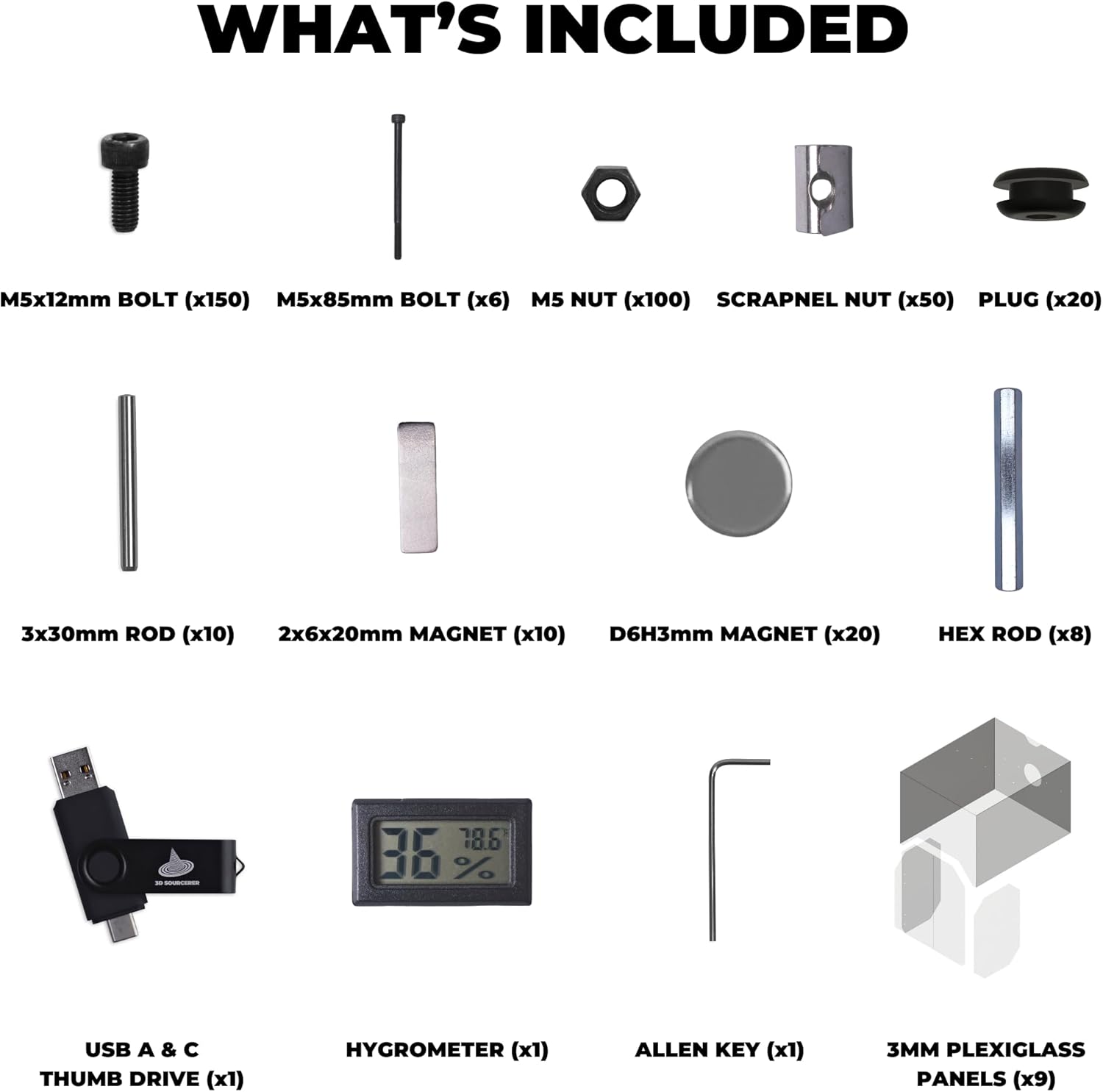 Sumo 3D Printer Enclosure Kit for The Prusa XL - Includes Plexiglass/Acrylic, Fasteners, Hex Rods, Magnets & Hygrometer (Tinted) - Printed Parts Not Included