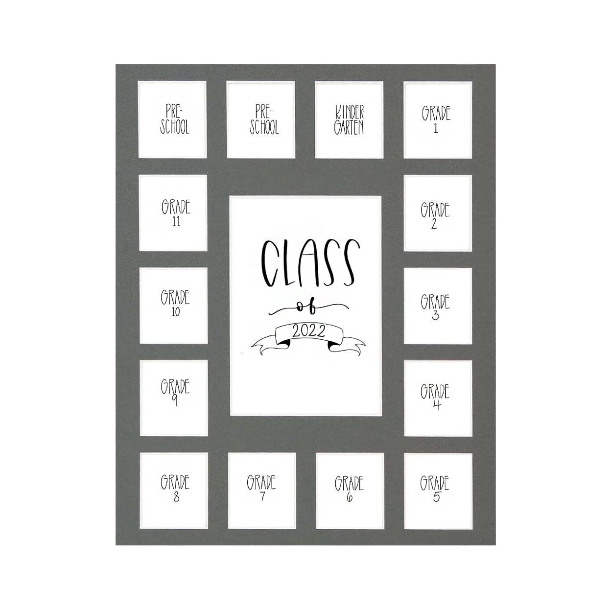 Rustic Red Door Co. Class of 2022 Photo Mat (11" x 14") Photo Collage Picture Frames Mat for School Pictures - No Frame Grey Photo Mat from Pre - K to Graduation (15 Photos)