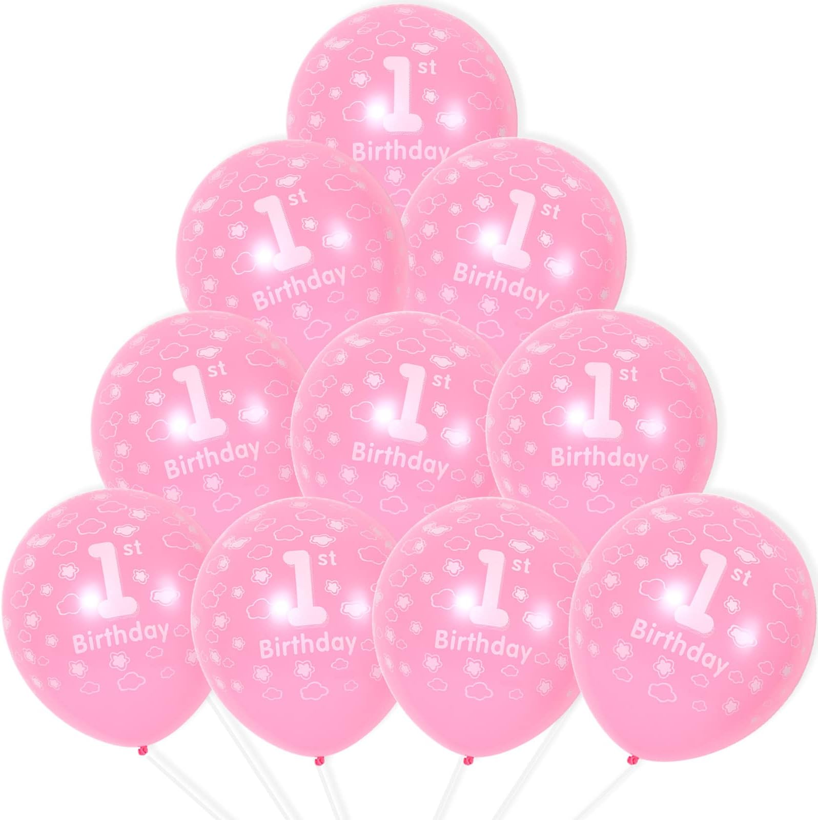 1st Birthday Pink Balloons - Happy 1st Birthday Decorations for Baby Girl's Party, Pack of 10 with Spare & Ribbon