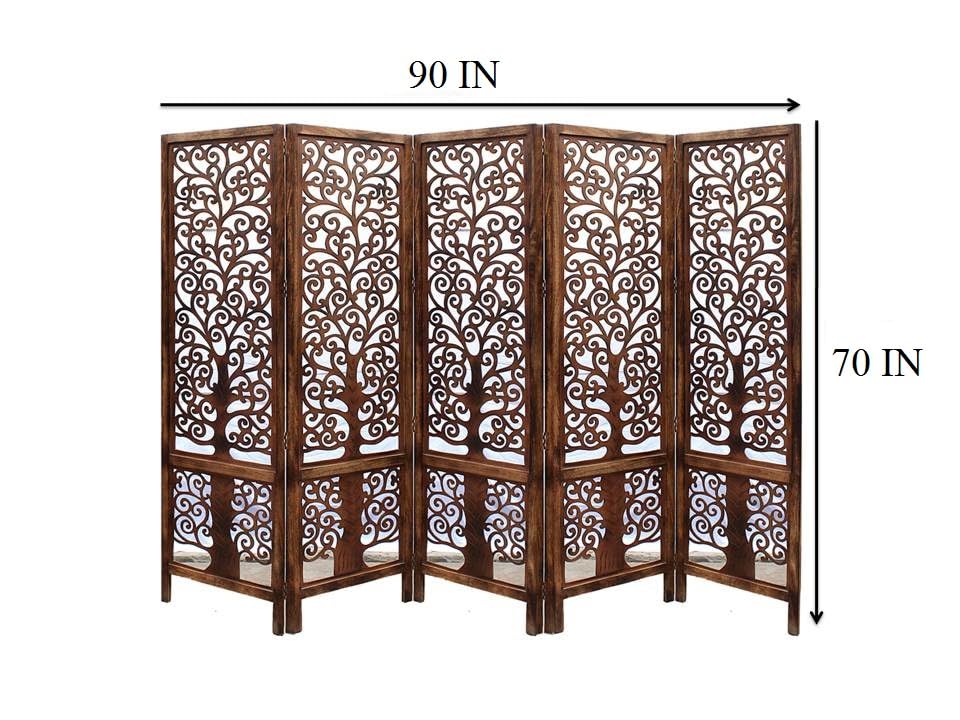 Image of Artesia Wooden Handcrafted 5 Panel Room Divider Without Stand Partition for Living Room | Foldable Privacy Screen with Tree of Life Carved Design | Decorative Partition Wall Panel for Home, Bedroom