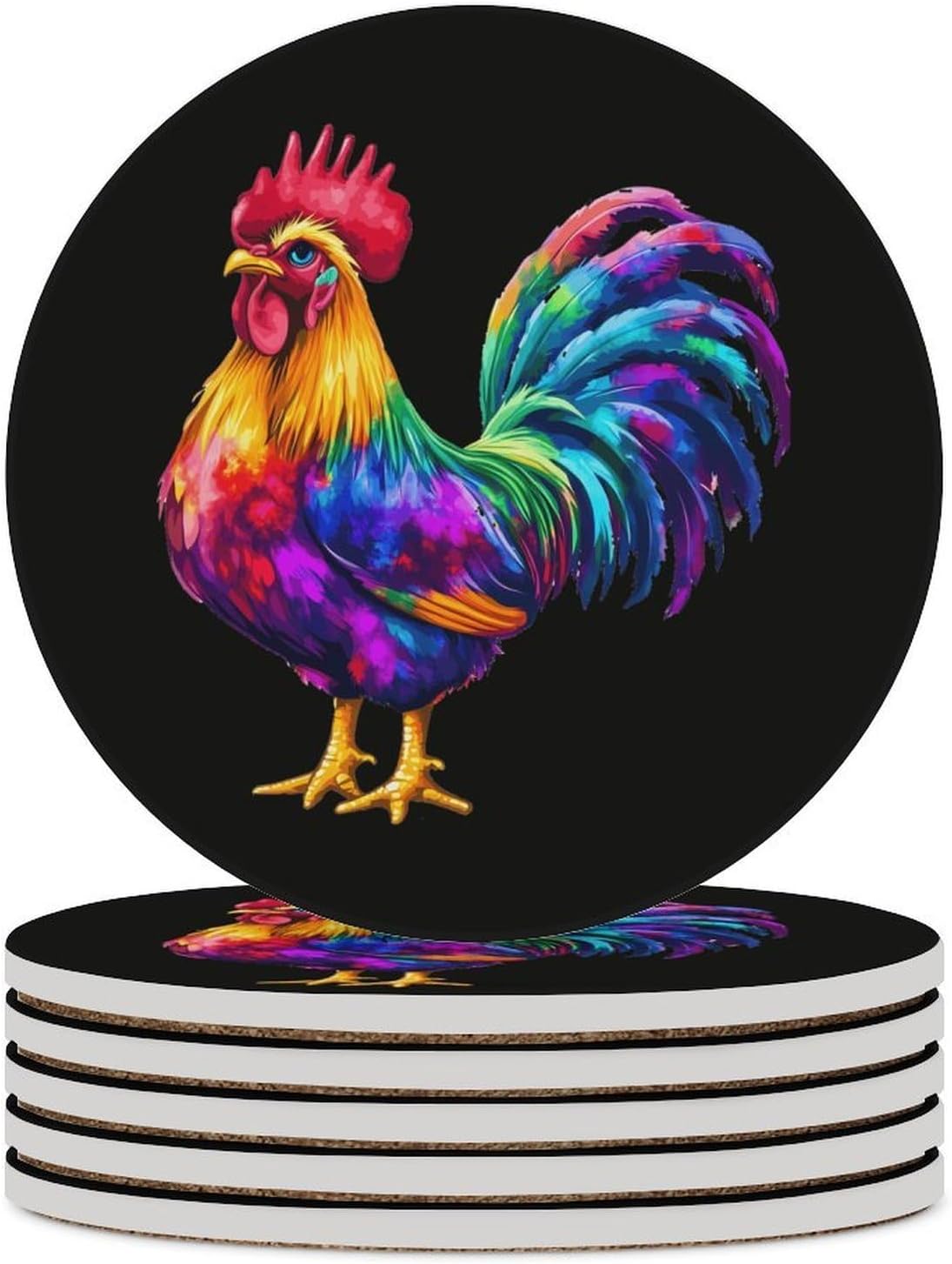 Chicken Tie Dye Farm Coasters for Drink Round Ceramic Coaster with Cork Base Home Decorative 6PCS