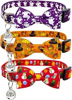 3 Pack Halloween Cat Collar with Bow Tie and Bell Thanksgiving Christmas Kitten Collars Breakaway Safety Kitten Collars for Holiday Purple Orange and Red