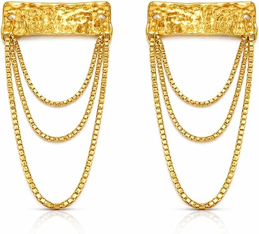 Lylak 18K Gold Plated Hammered Rectangle Box Chain Tassel Drop Earrings for Women | Waterproof Hypoallergenic Stainless St...