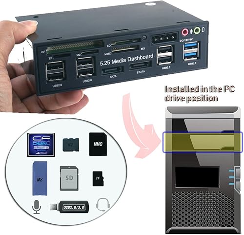 Miniatura 4 de Generic T-SIDAKE 5.25 pulgadas PC Multifuncional Tablero de Medios de Medios de Audio Panel Frontal, con SATA e-SATA Dual USB 3.0 6 Puertos USB 2.0