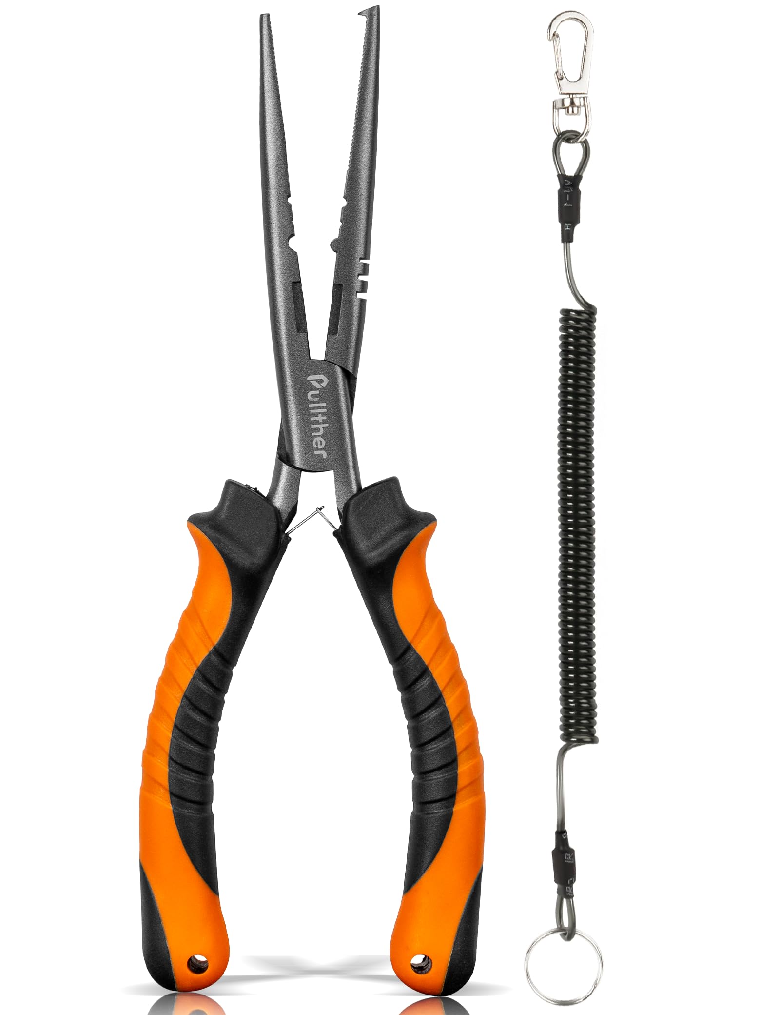 pullther Needle Nose Fishing Pliers, Carbon Steel Fishing Hook Remover, Teflon Coated Split Ring Pliers with Lanyard, Fishing Multitool for Saltwater Freshwater