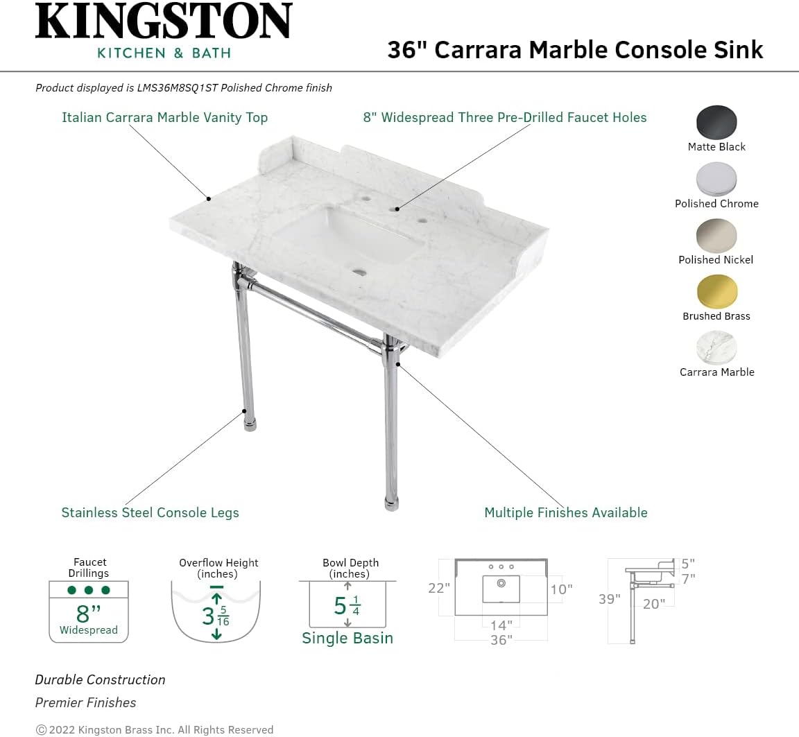 Kingston Brass LMS36M8SQ7ST Wesselman 36" Carrara Marble Console Sink with Stainless Steel Legs, Marble White/Brushed Brass