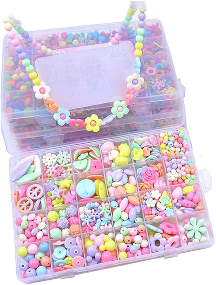 Showlovein 470PCS DIY Bead Set Craft DIY Necklace Bracelets for Kids Jewelry Making Kits Colorful Acrylic Crafting Beads Kit Box with Accessories