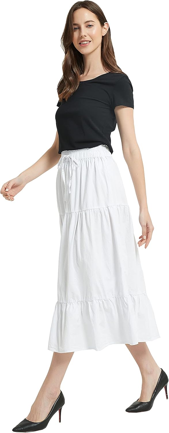 Tronjori Womens A Line Long Midi Denim Skirt Tired Pleated Layers Elastic Waist Front Drawstring - Image 3