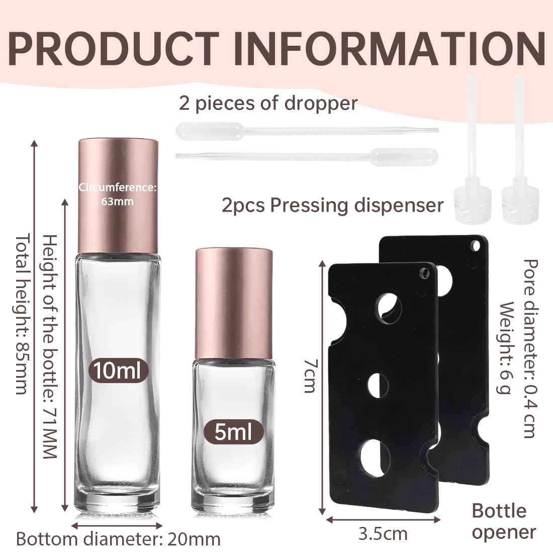 10ml/5ml Roll on Vuoto per Oli Essenziali, Bottiglie roll on con 2 Apriscatole, 2 Contagocce e 2 Erogatori a Pompa per Profumi, Oli Essenziali e Cosmetici