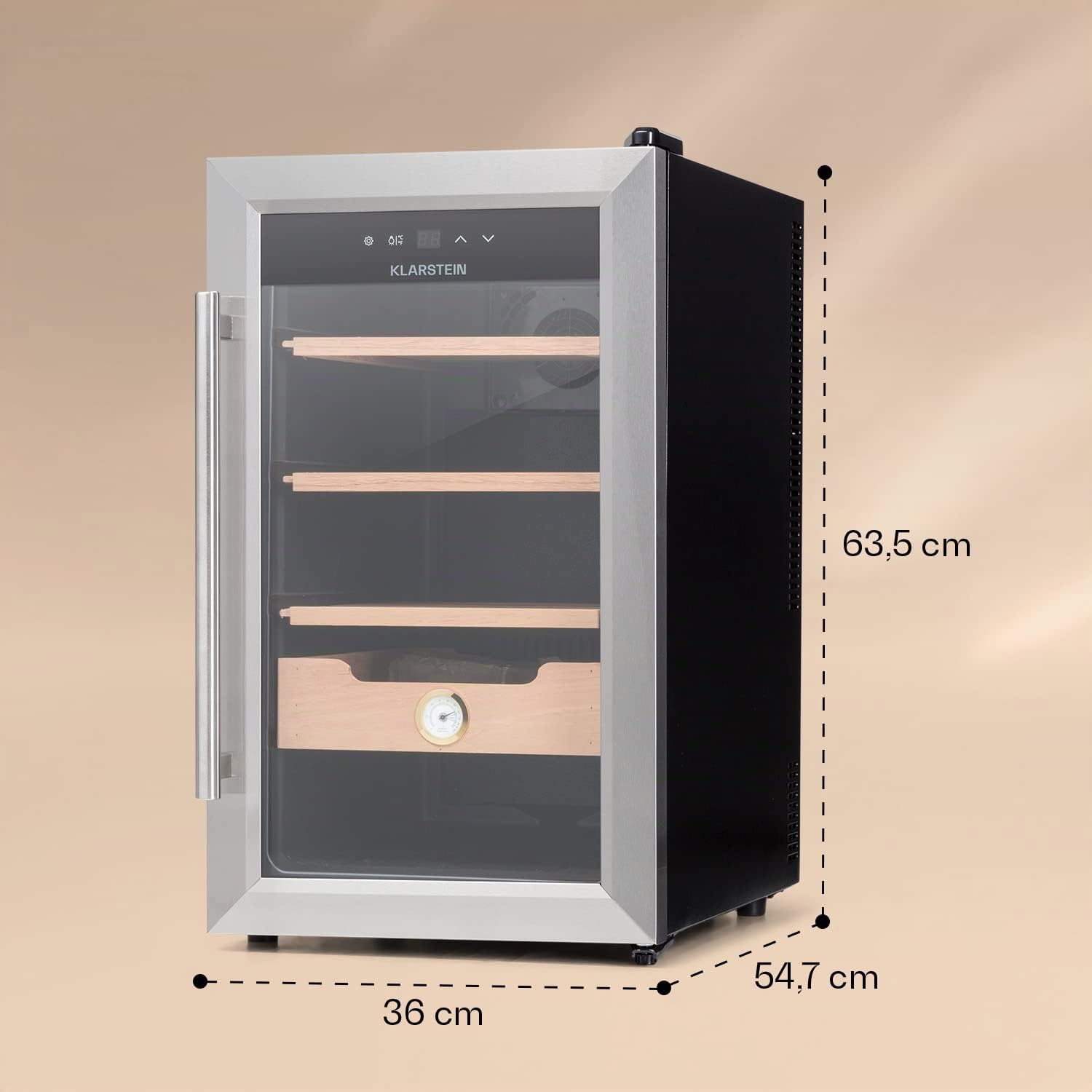 Klarstein El Presidente Umidificatore per Sigari - Armadio Humidor Termoelettrico con Porta in Vetro, Ripiani in Legno di Cedro, Igrometro, Luce LED Interna, 48 Litri, Argento