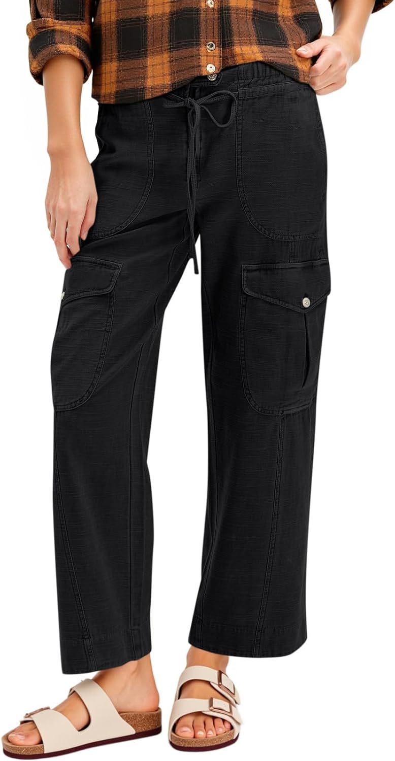 Cicy Bell Womens Cotton Cargo Pants Low Rise Drawstring Waist Wide Leg Casual Hiking Pants with Multiple Pockets