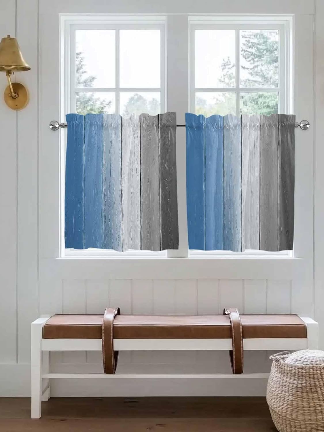 Blue Gray White Wood Window Tier Curtains 24 Inches Long Set of 2 Panels, Vintage Farmhouse Color Ombre Half Windows Rod Pocket Kitchen Curtains Small Kitchen Drapes for Bathroom Cafe