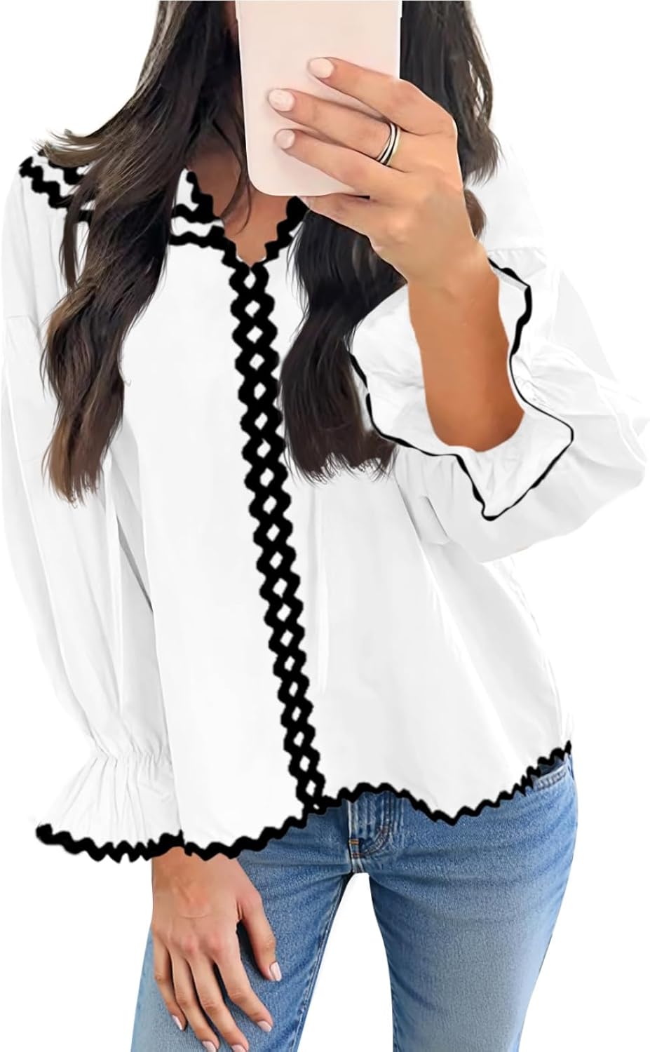 Cicy Bell Womens Ruffle Puff Sleeve Blouse V Neck Trim Shirts Trendy Casual Loose Fit Tops