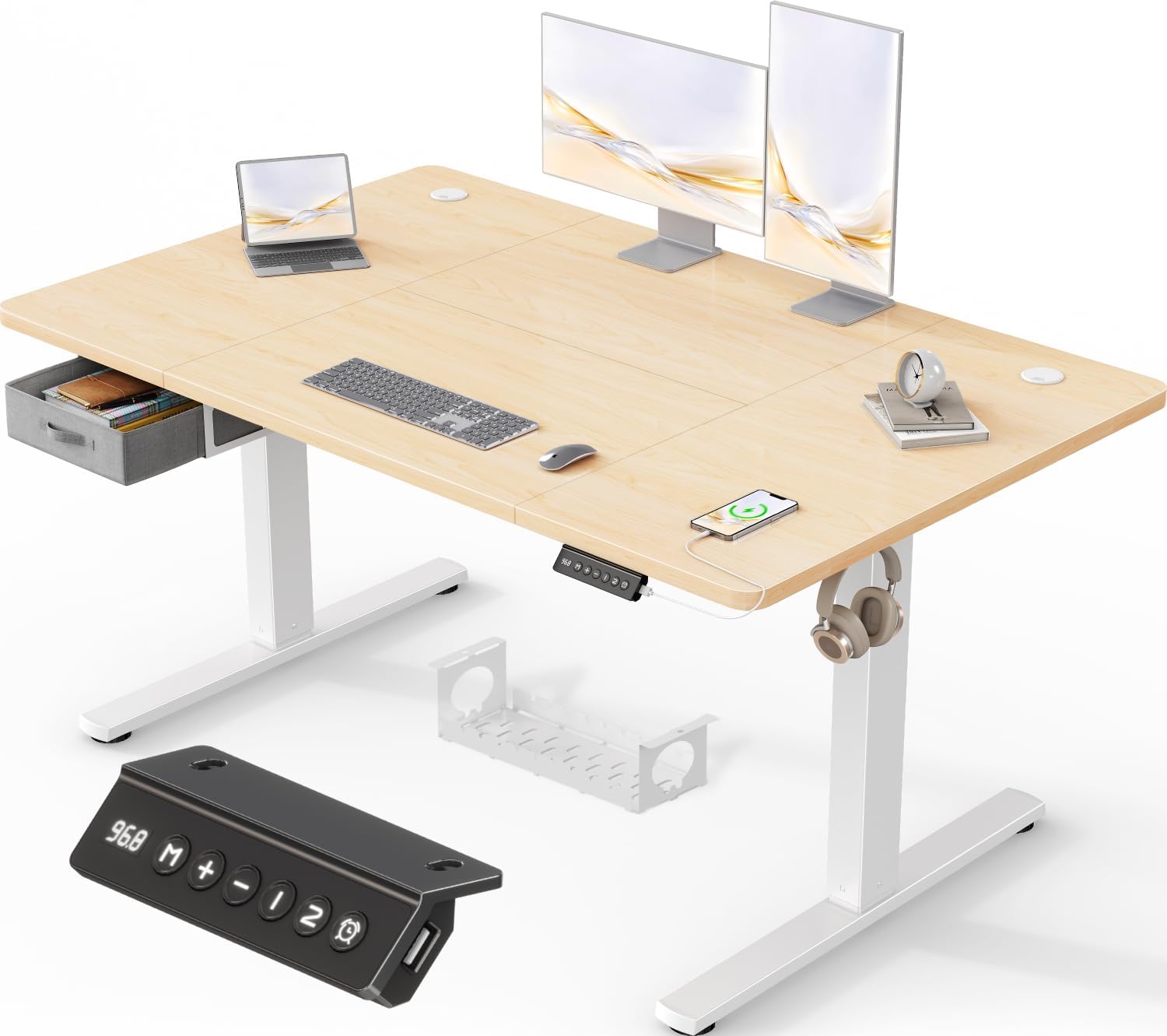 Devoko Höhenverstellbarer Schreibtisch Elektrischer, Schreibtisch mit Schubladen, USB-A Ladeanschluss, Computertisch mit Kabel Management Tray, Standing Desk mit 3 Memory Funktion