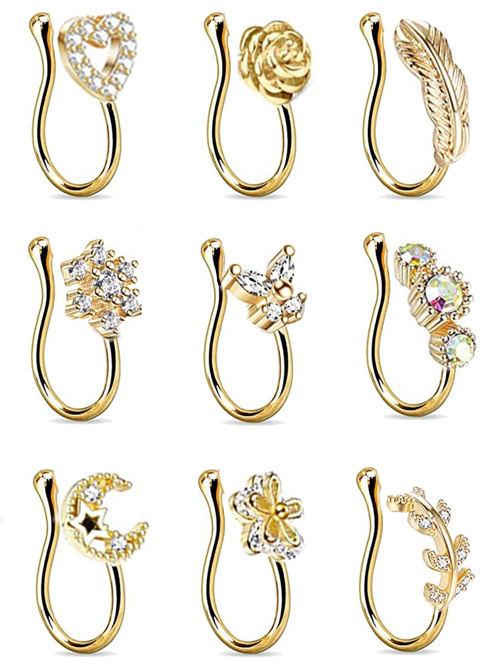 YOVORO9Pcs Fake Nose Rings Hoop for Women Faux Cartilage Tragus Ring Nose Cuff Non Piercing Jewelry Set