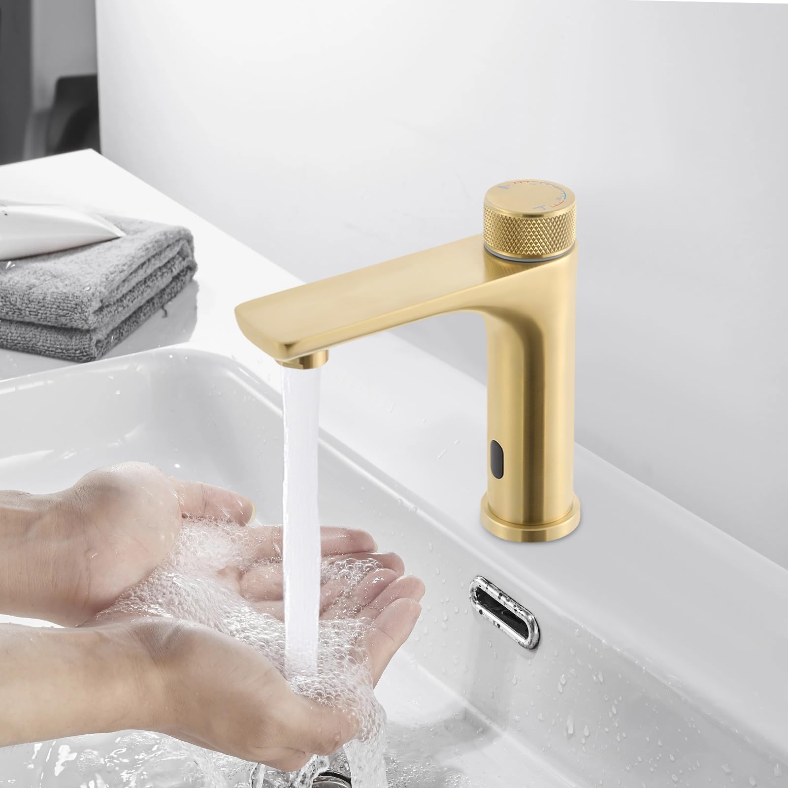 Grifo infrarrojo para baño con sensor, grifo de baño automático sin contacto, grifo de lavabo de inducción mezclador para lavabo, dorado