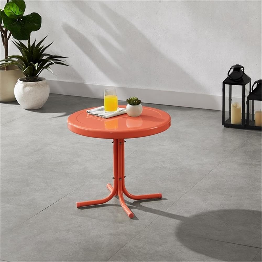 Pemberly Row Contemporary Retro Outdoor Side Table, Durable Steel Frame, Coral Gloss Powder-Coated Finish, Pedestal Base, Weather-Resistant Patio Table for Balcony, Porch or Small Outdoor Spaces